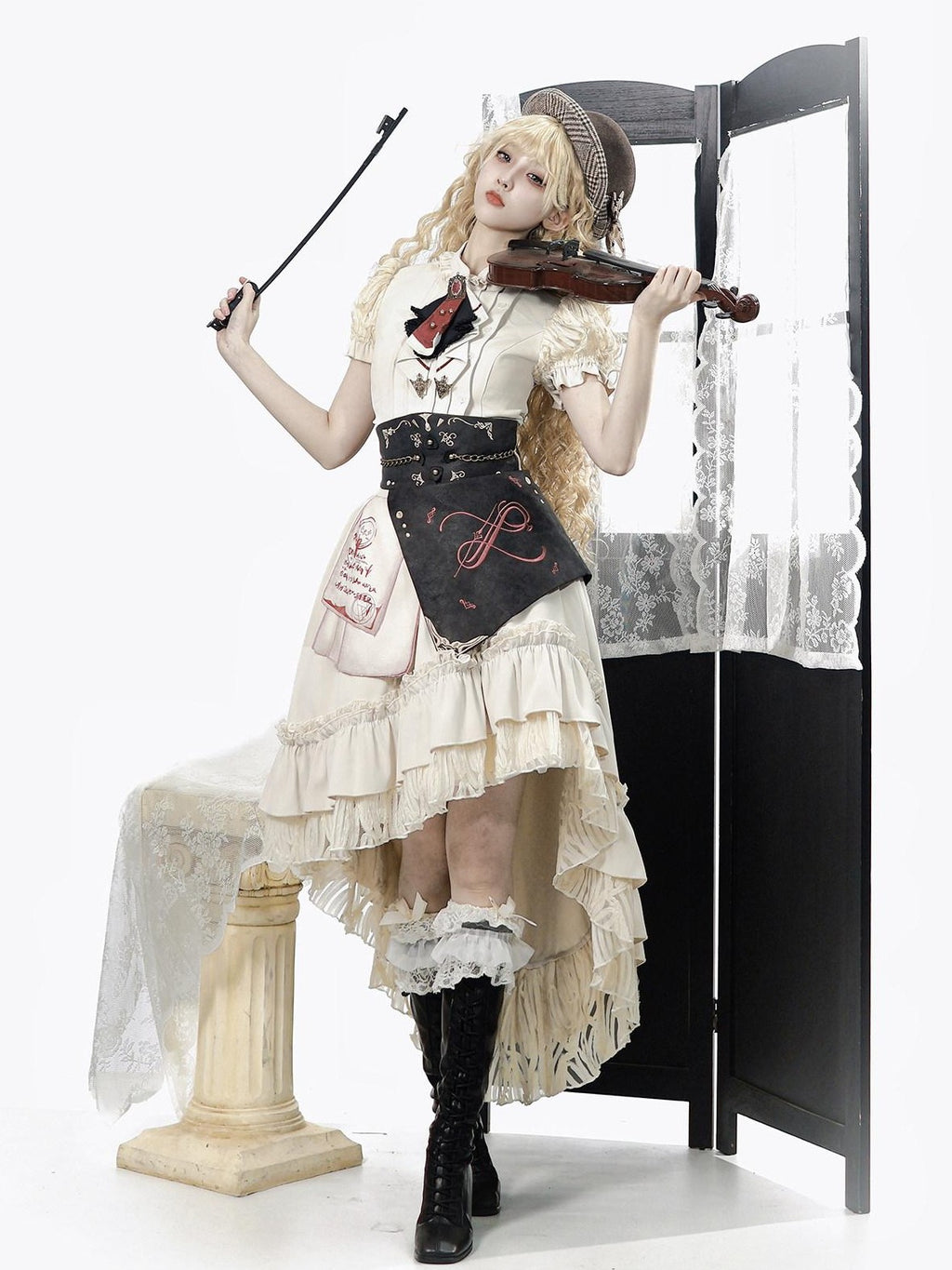 Jing Mu Victorian Gothic Lolita Lapel A Line Waist Corset Women's Skirt Sets