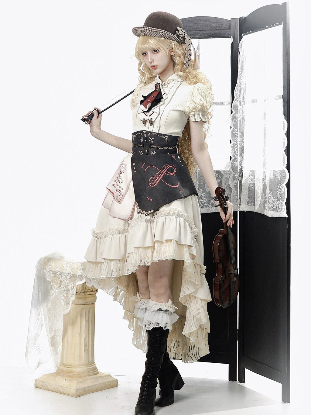 Jing Mu Victorian Gothic Lolita Lapel A Line Waist Corset Women's Skirt Sets