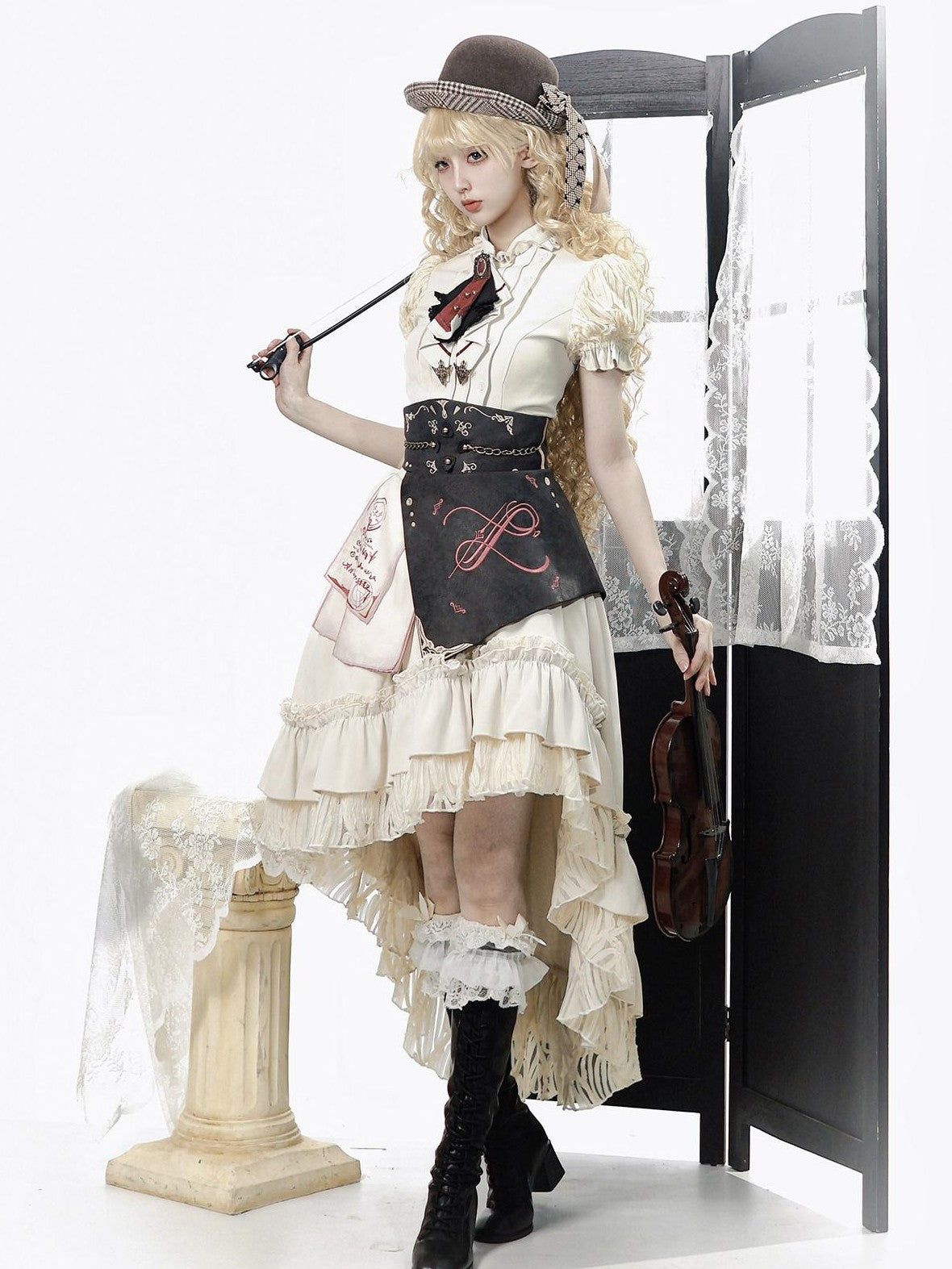Jing Mu Victorian Gothic Lolita Lapel A Line Waist Corset Women's Skirt Sets
