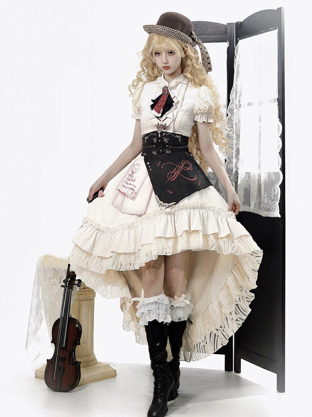Jing Mu Victorian Gothic Lolita Lapel A Line Waist Corset Women's Skirt Sets