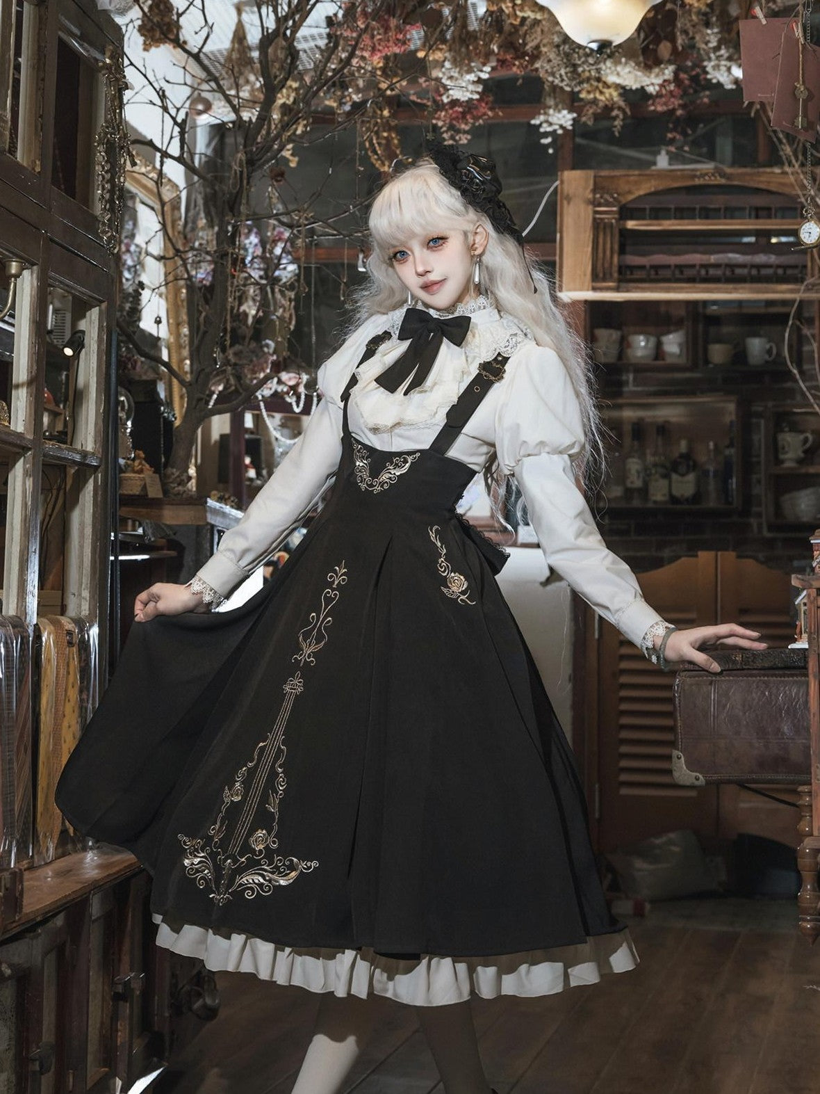 Jing Mu Violin Print Lolita Flared Blouse Pinafore Women's Jsk / Jumper Skirts