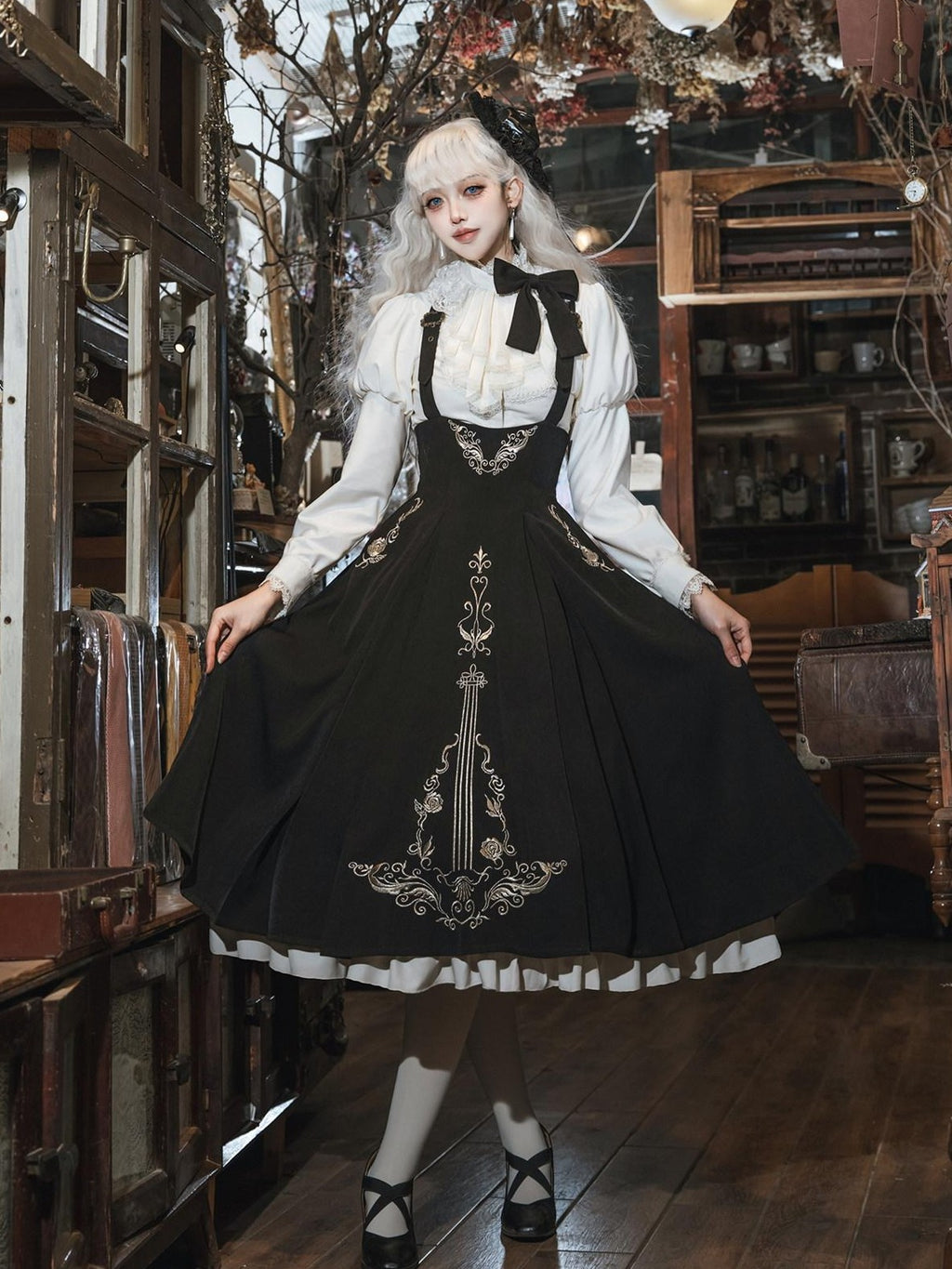 Jing Mu Violin Print Lolita Flared Blouse Pinafore Women's Jsk / Jumper Skirts