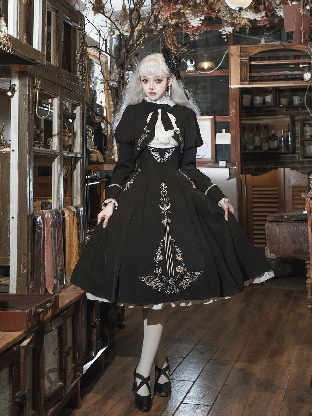 Jing Mu Violin Print Lolita Flared Blouse Pinafore Women's Jsk / Jumper Skirts