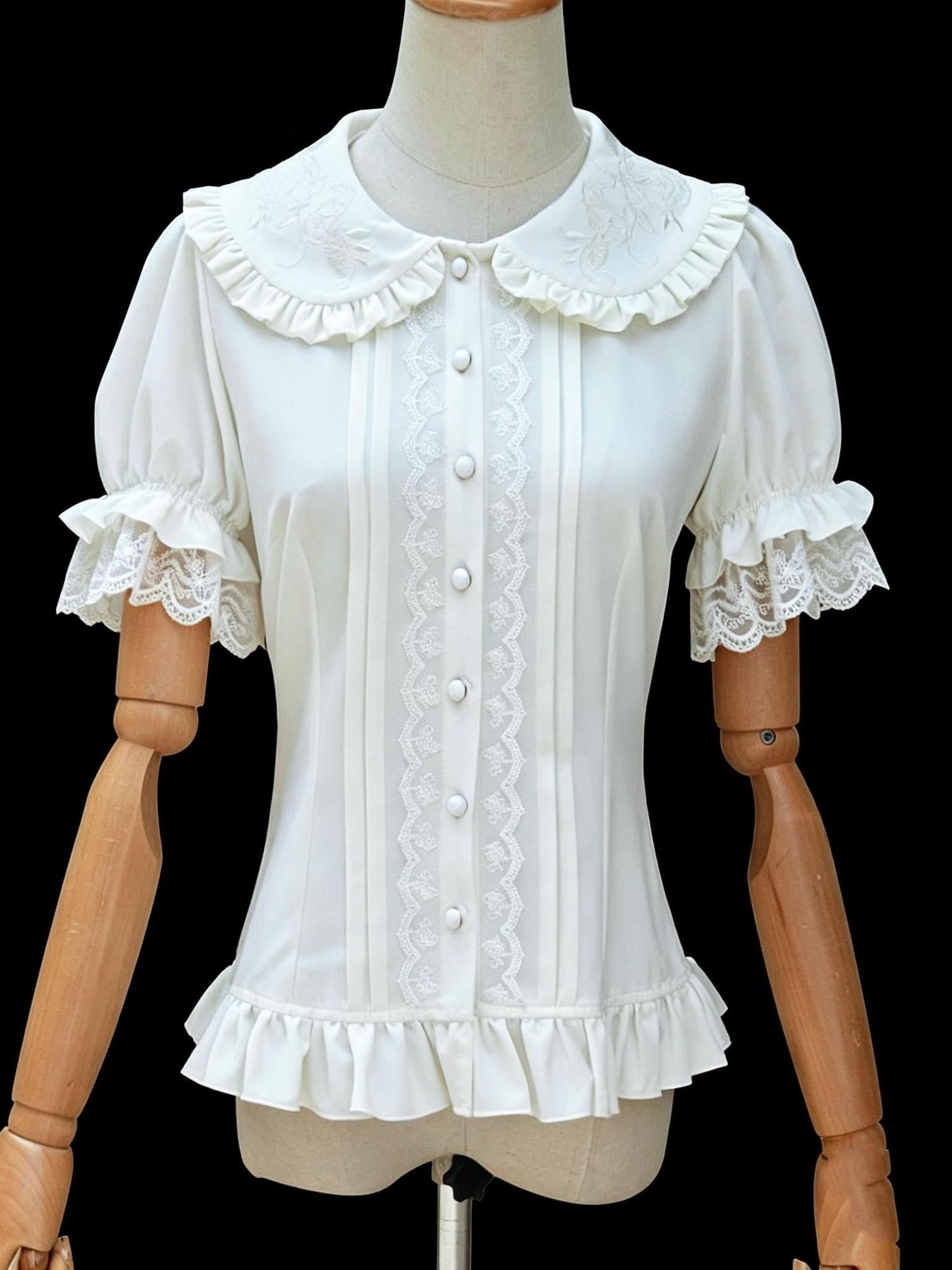 Jing Mu White Doll Collar Puff Sleeve Slim Fit Women's Short Sleeve Blouses