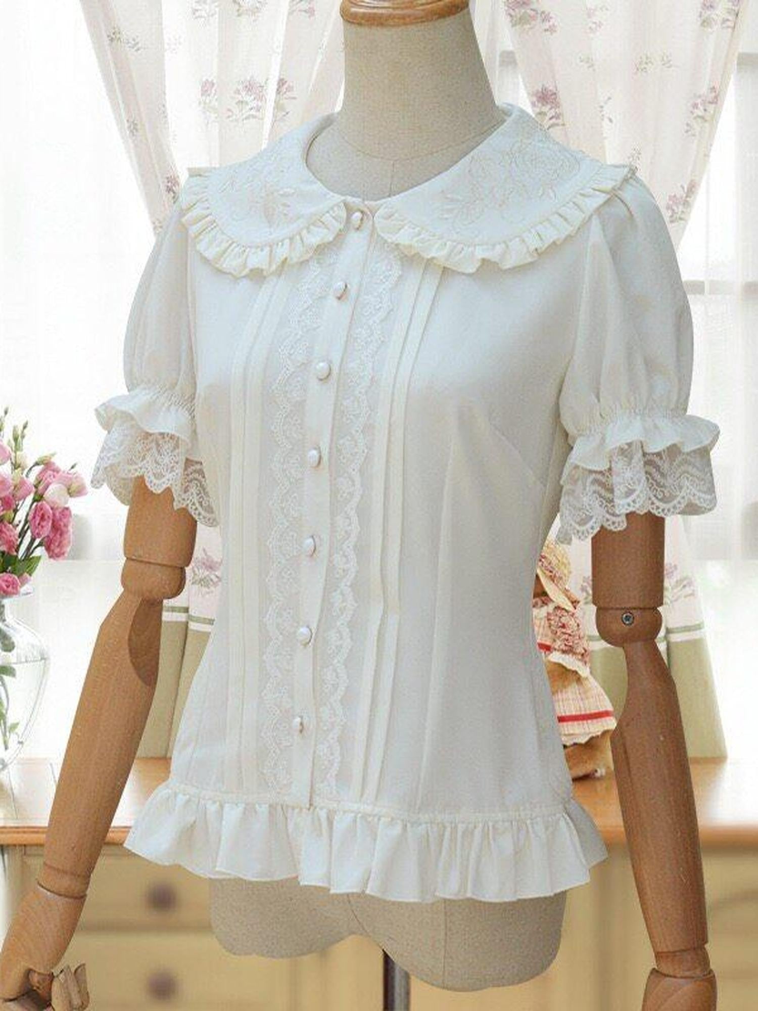 Jing Mu White Doll Collar Puff Sleeve Slim Fit Women's Short Sleeve Blouses