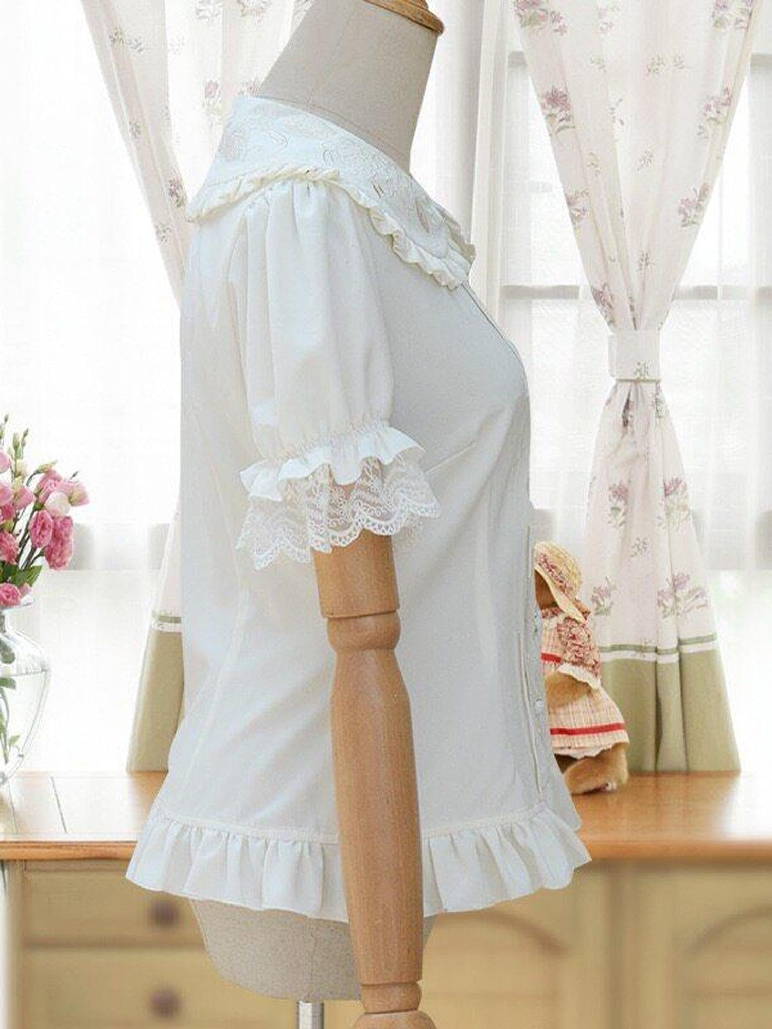 Jing Mu White Doll Collar Puff Sleeve Slim Fit Women's Short Sleeve Blouses