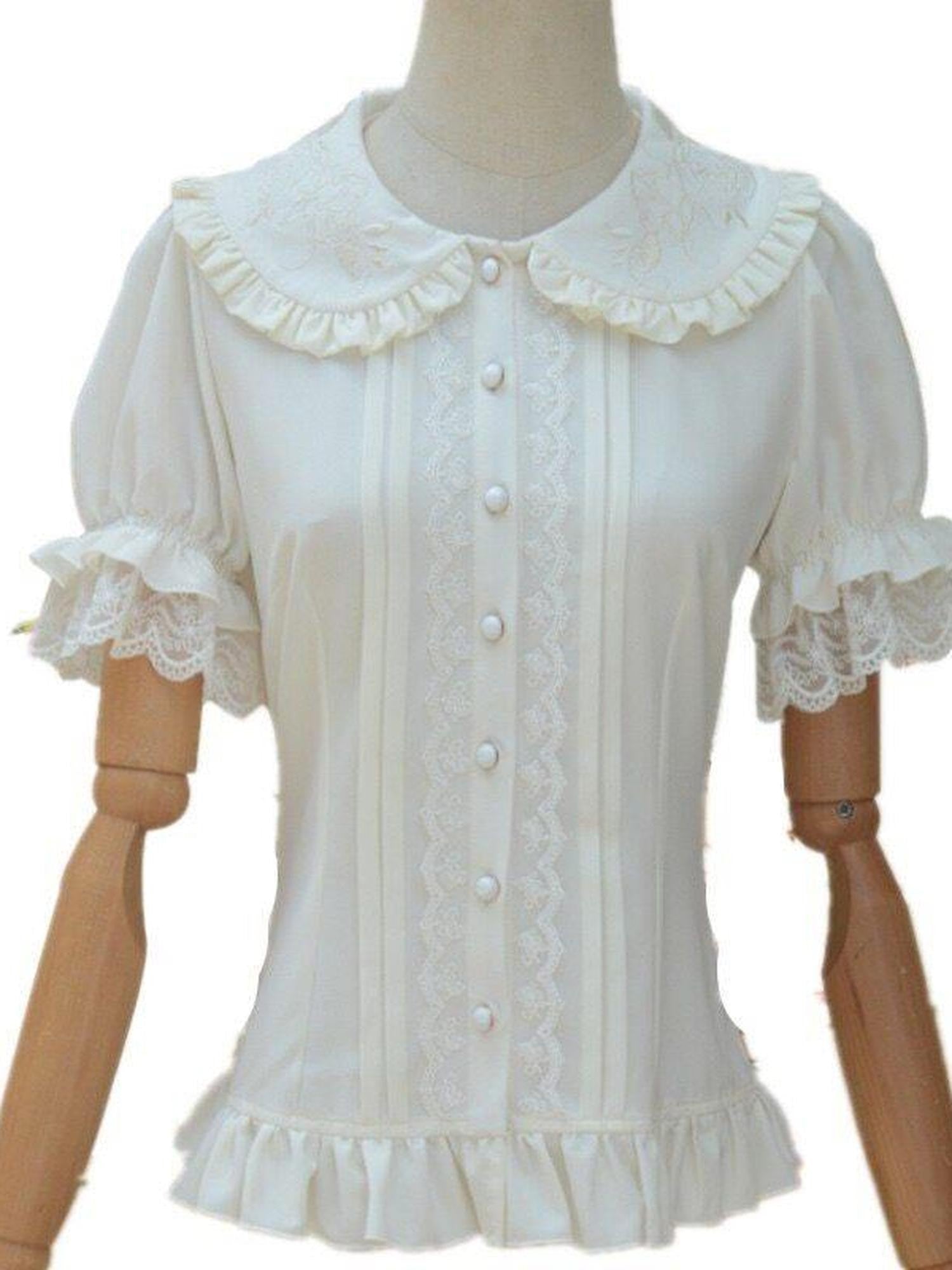 Jing Mu White Doll Collar Puff Sleeve Slim Fit Women's Short Sleeve Blouses