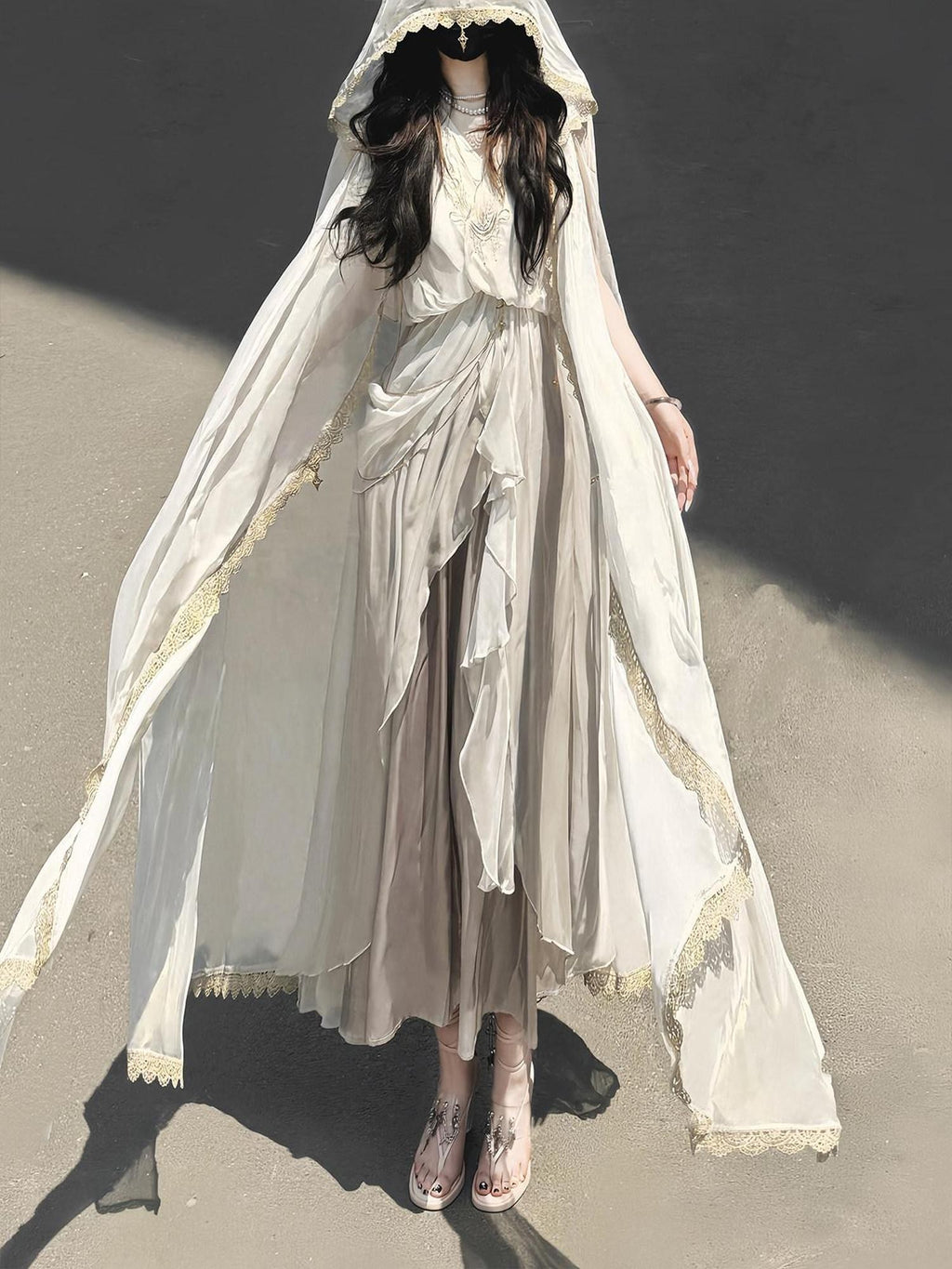 Jing Mu White Ethereal Hanfu Greek Goddess Angelic A Line V-neck Cloak Women's Op Sets