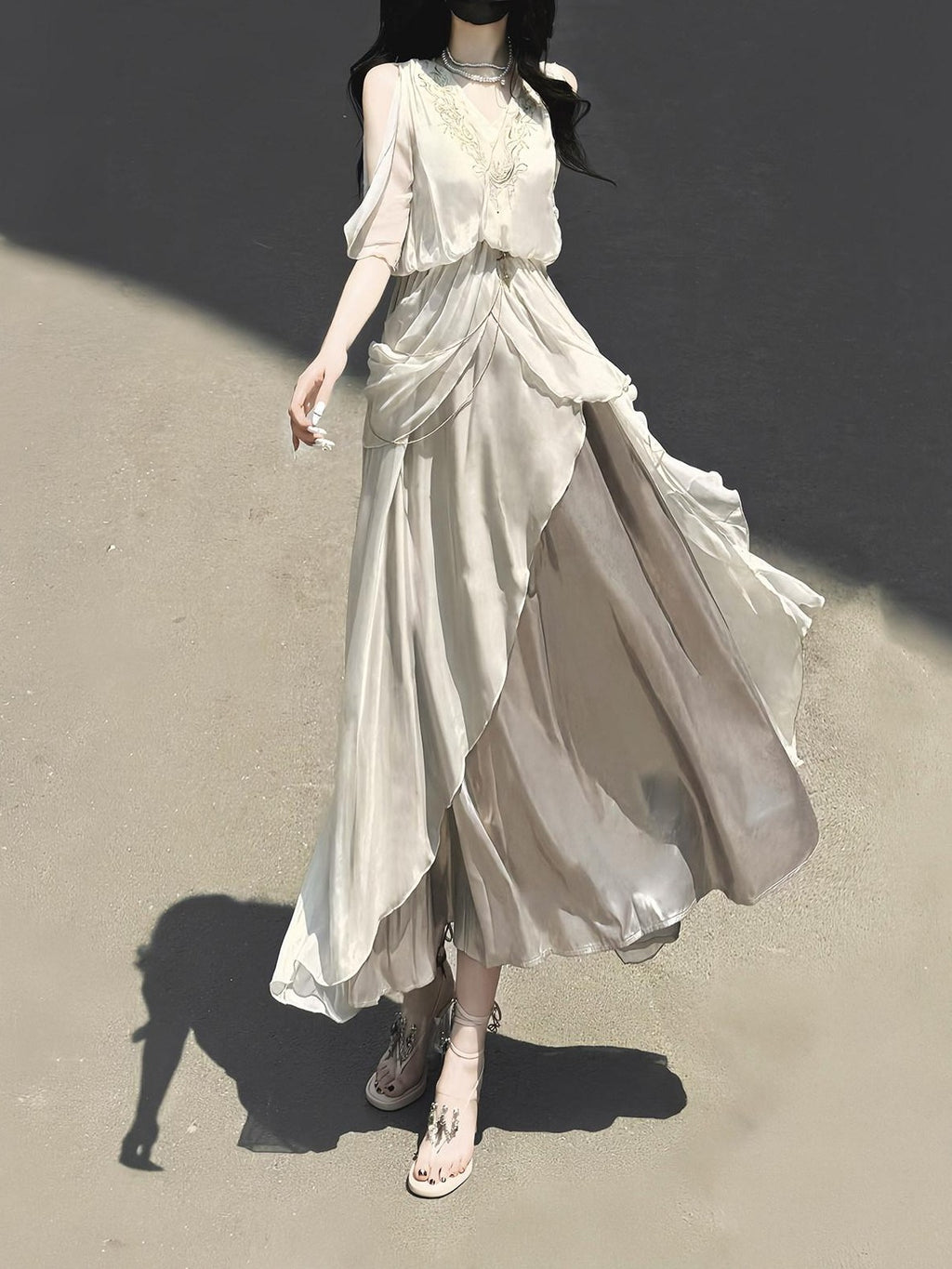 Jing Mu White Ethereal Hanfu Greek Goddess Angelic A Line V-neck Cloak Women's Op Sets