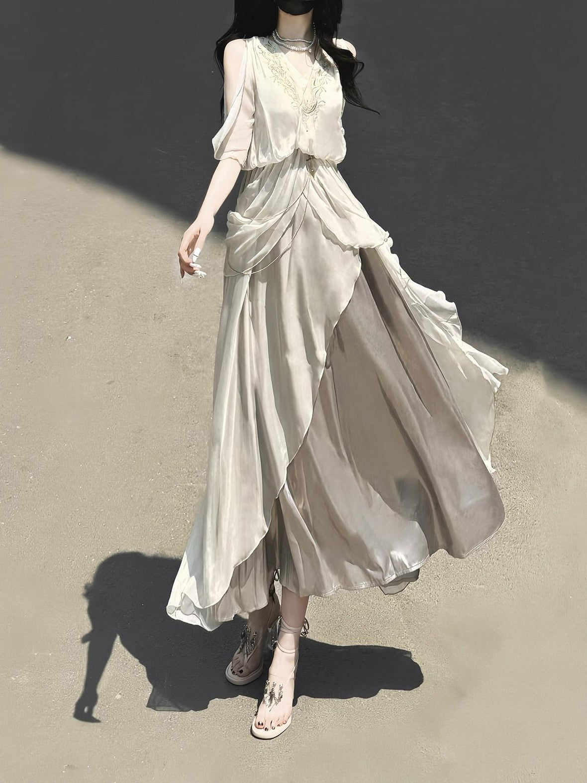 Jing Mu White Ethereal Hanfu Greek Goddess Angelic A Line V-neck Cloak Women's Op Sets