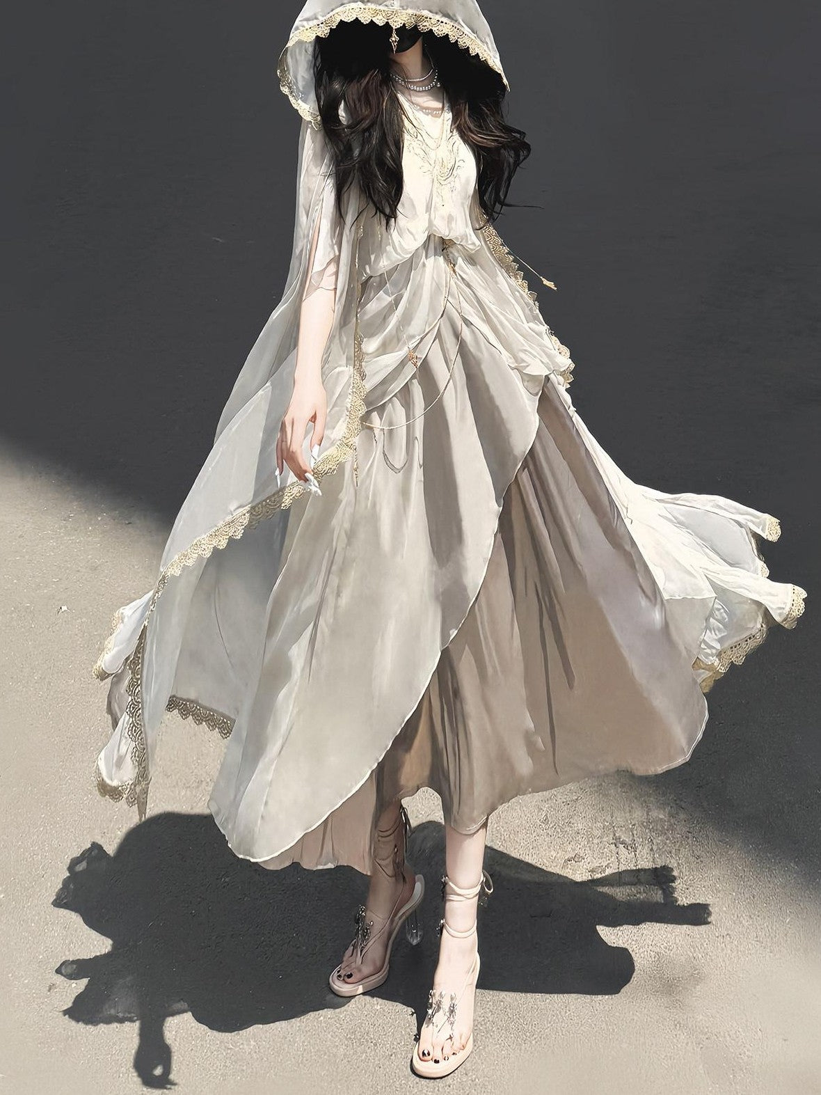 Jing Mu White Ethereal Hanfu Greek Goddess Angelic A Line V-neck Cloak Women's Op Sets