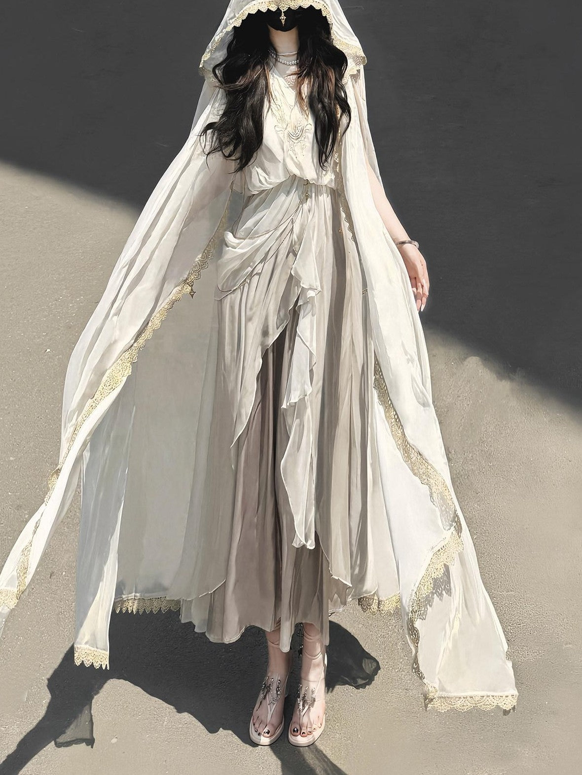 Jing Mu White Ethereal Hanfu Greek Goddess Angelic A Line V-neck Cloak Women's Op Sets