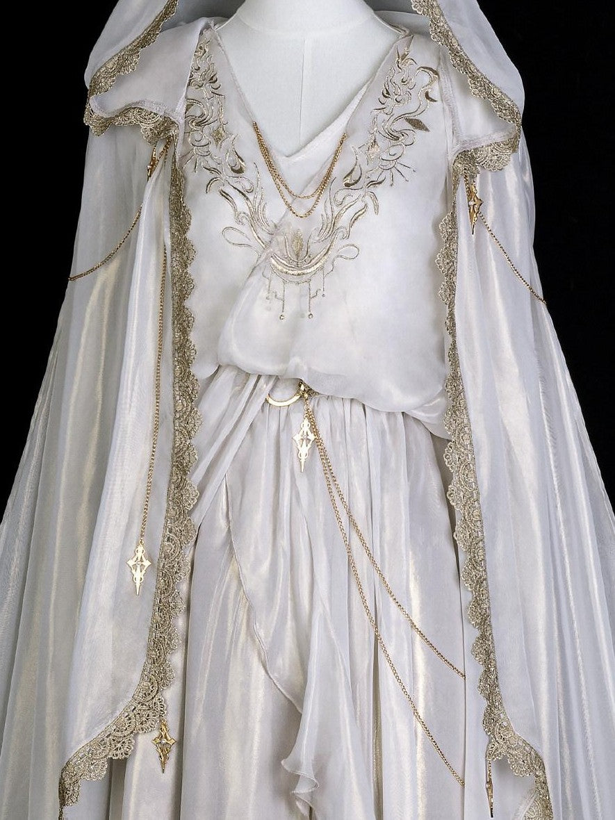 Jing Mu White Ethereal Hanfu Greek Goddess Angelic A Line V-neck Cloak Women's Op Sets
