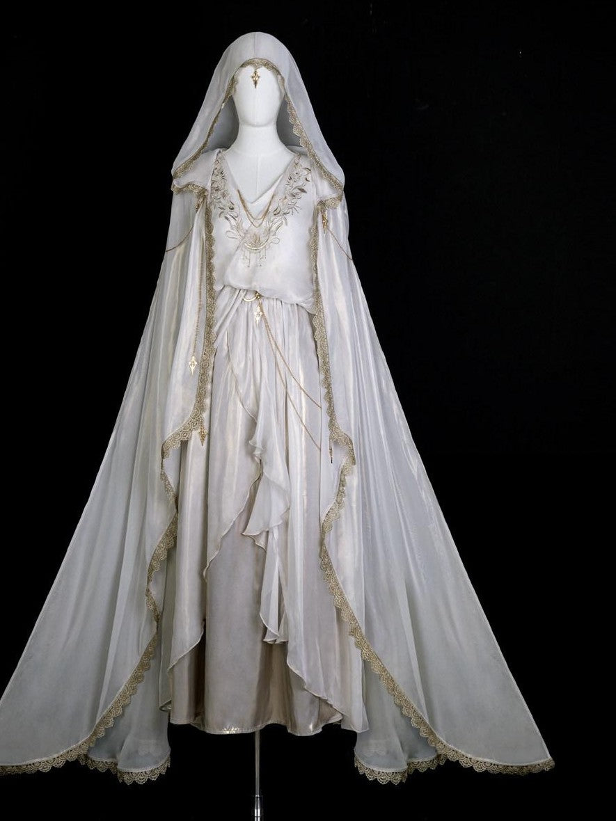 Jing Mu White Ethereal Hanfu Greek Goddess Angelic A Line V-neck Cloak Women's Op Sets