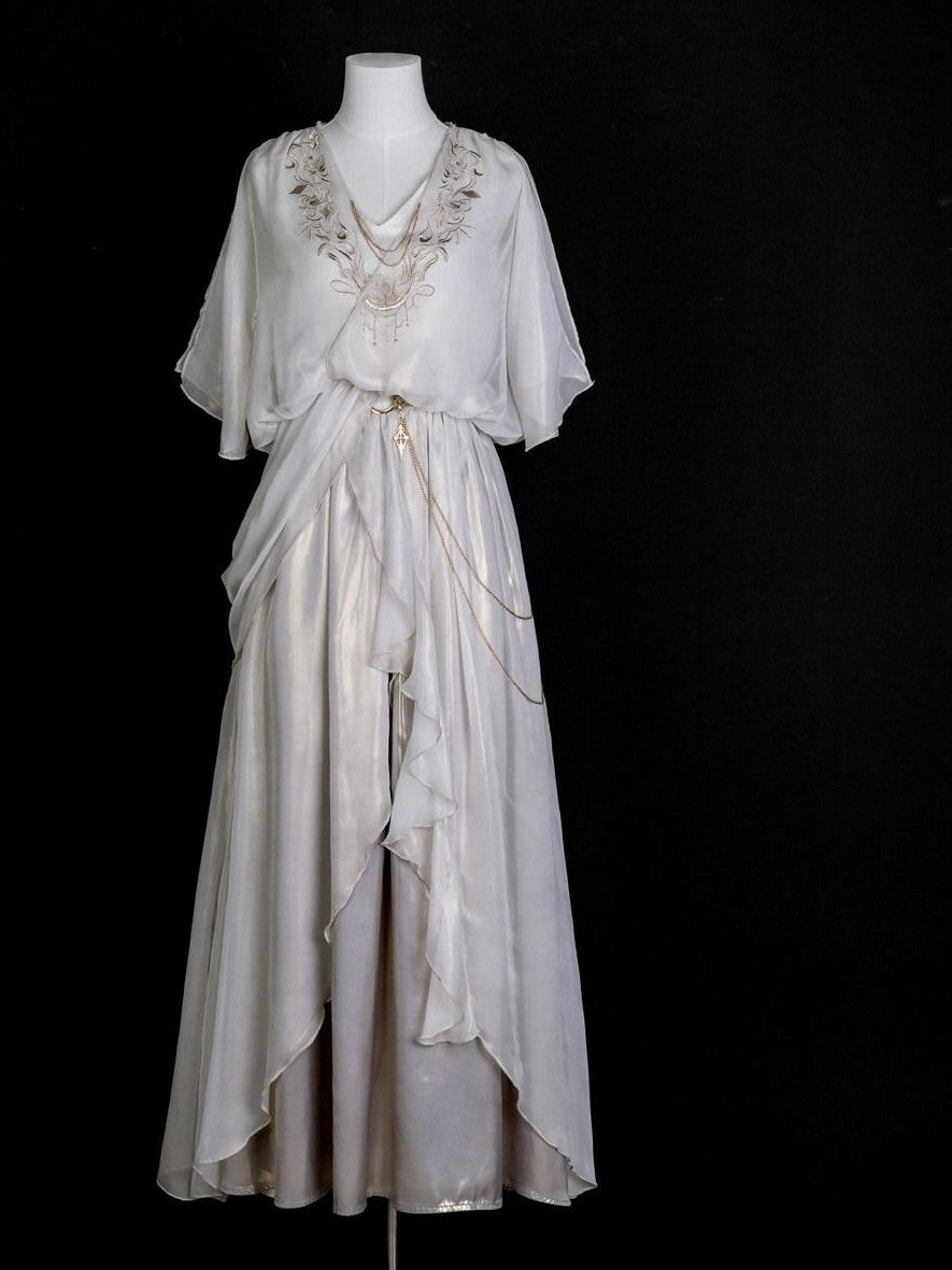Jing Mu White Ethereal Hanfu Greek Goddess Angelic A Line V-neck Cloak Women's Op Sets