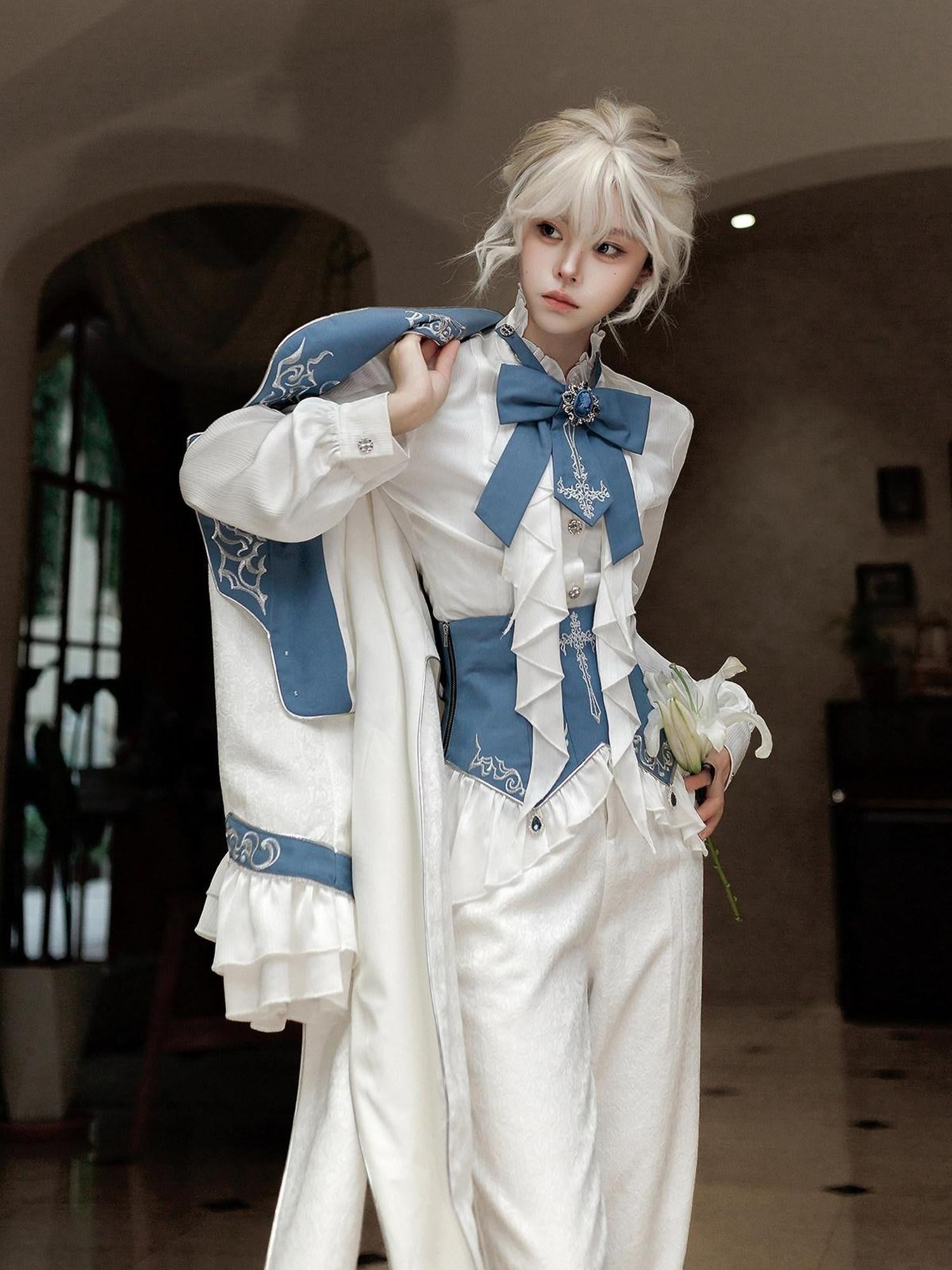 Jing Mu White Moonlit Knight Lolita Tailcoat Shirt Pants Women's Full Coordination Sets