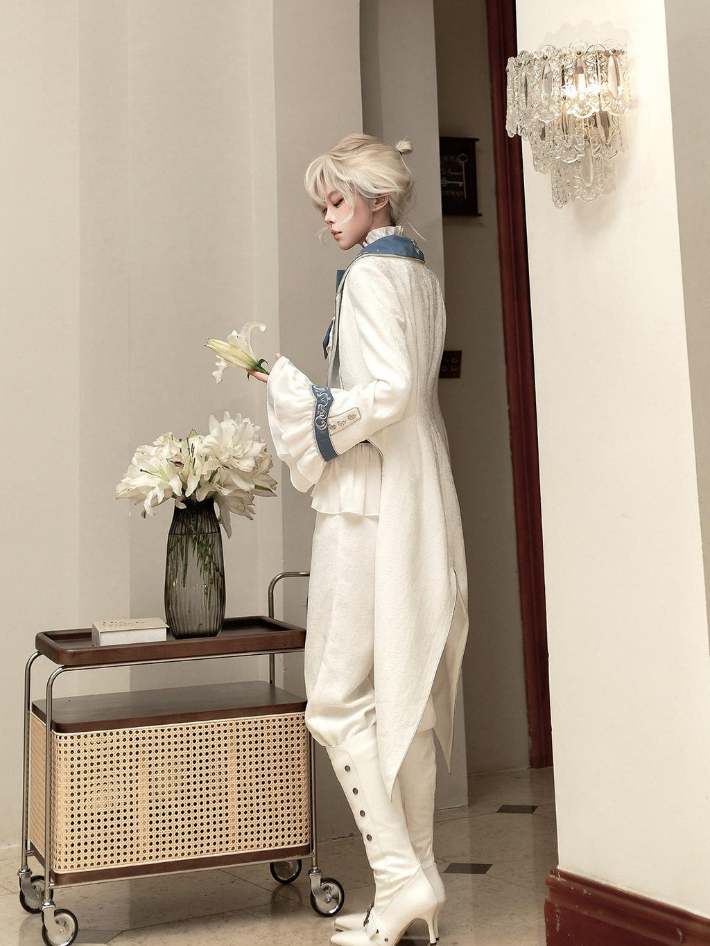 Jing Mu White Moonlit Knight Lolita Tailcoat Shirt Pants Women's Full Coordination Sets
