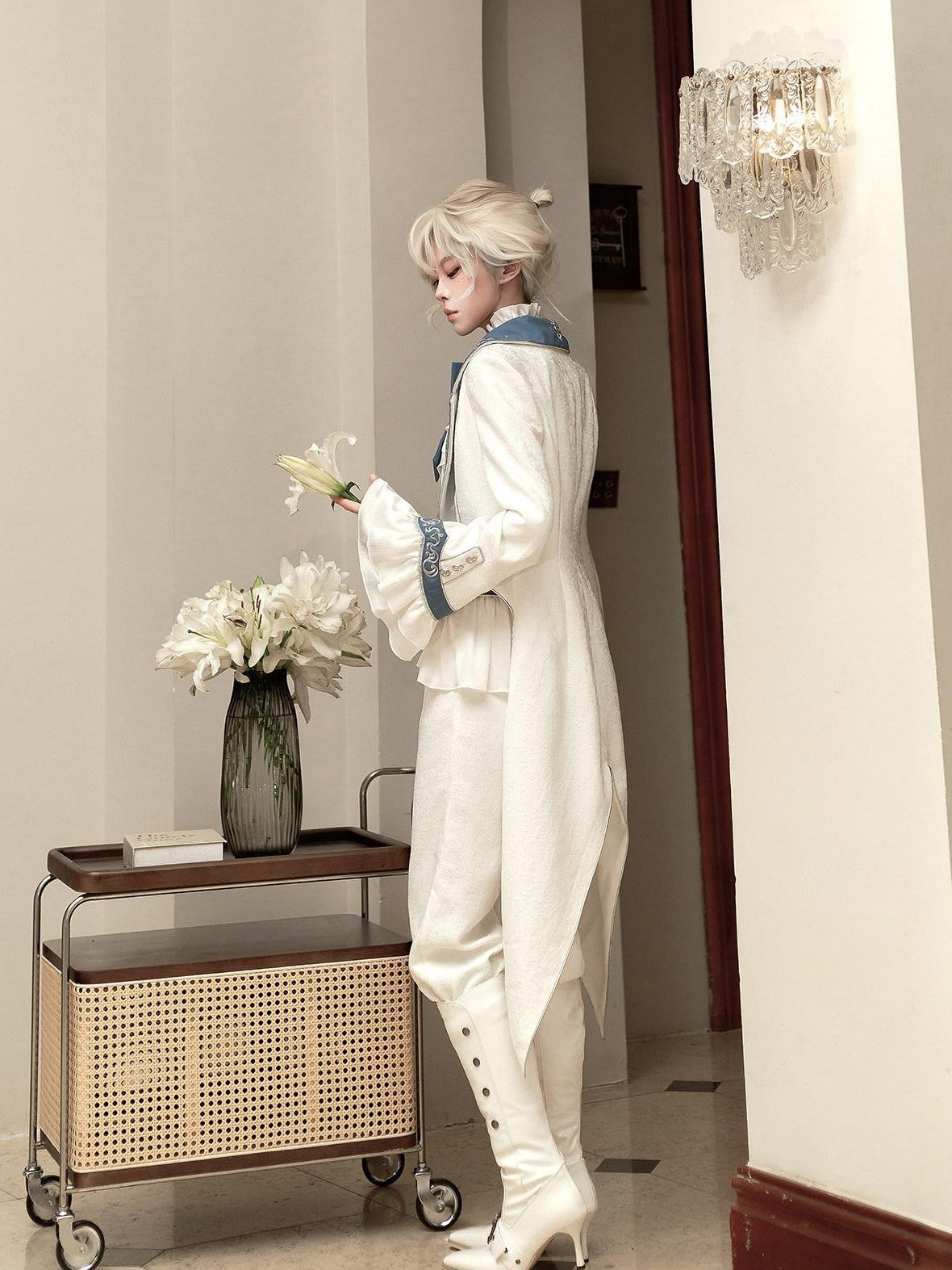 Jing Mu White Moonlit Knight Lolita Tailcoat Shirt Pants Women's Full Coordination Sets
