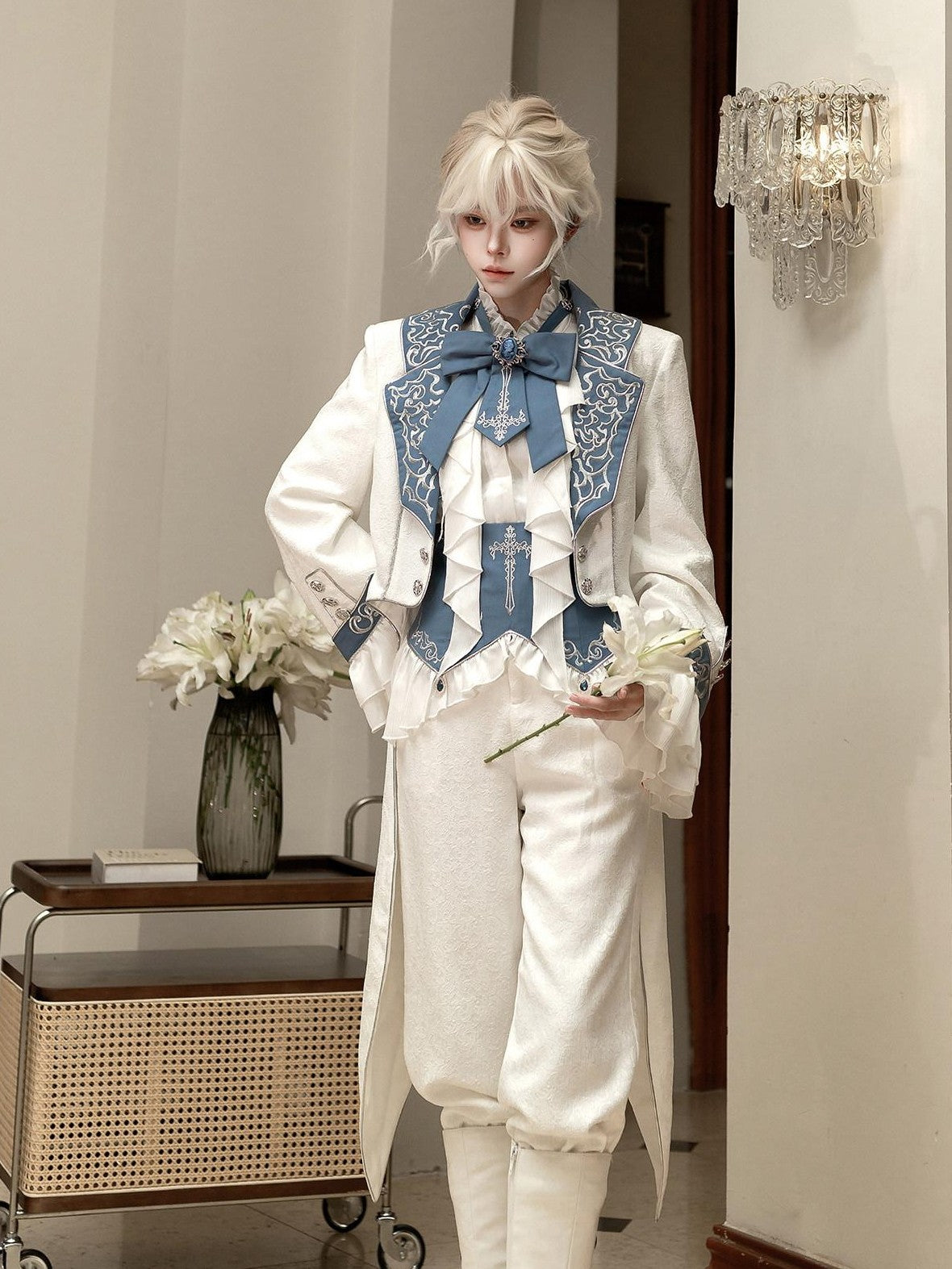 Jing Mu White Moonlit Knight Lolita Tailcoat Shirt Pants Women's Full Coordination Sets