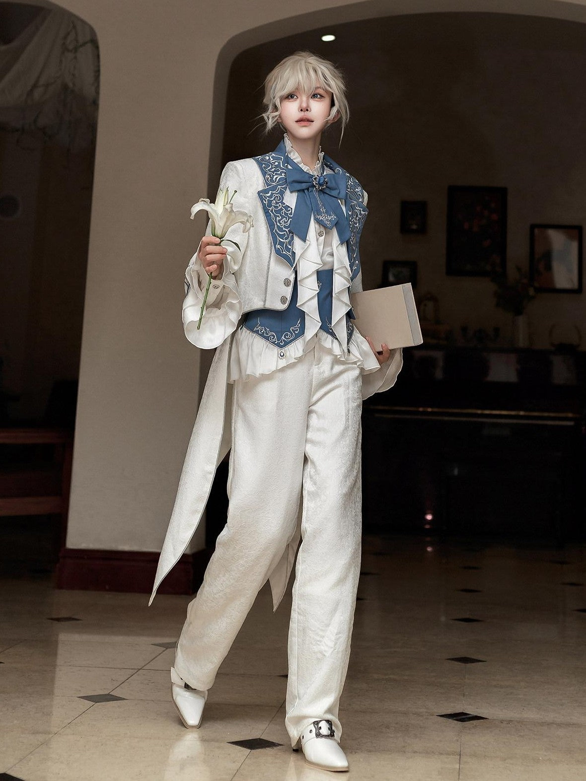 Jing Mu White Moonlit Knight Lolita Tailcoat Shirt Pants Women's Full Coordination Sets