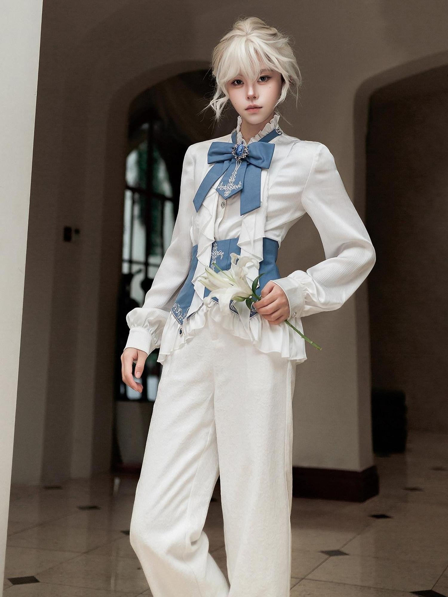 Jing Mu White Moonlit Knight Lolita Tailcoat Shirt Pants Women's Full Coordination Sets