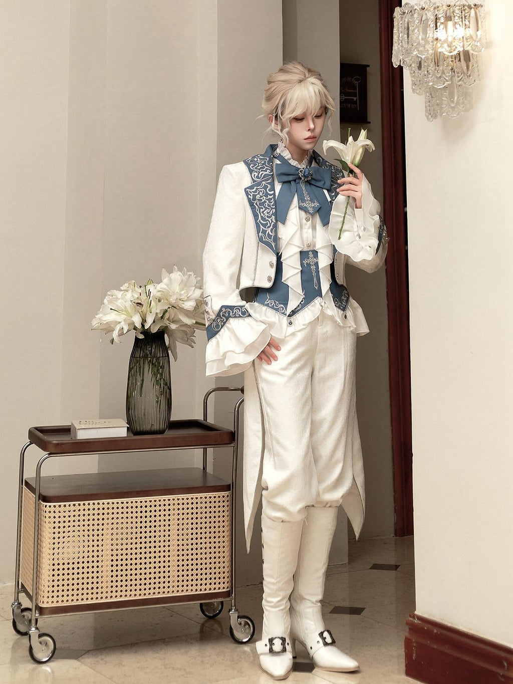 Jing Mu White Moonlit Knight Lolita Tailcoat Shirt Pants Women's Full Coordination Sets