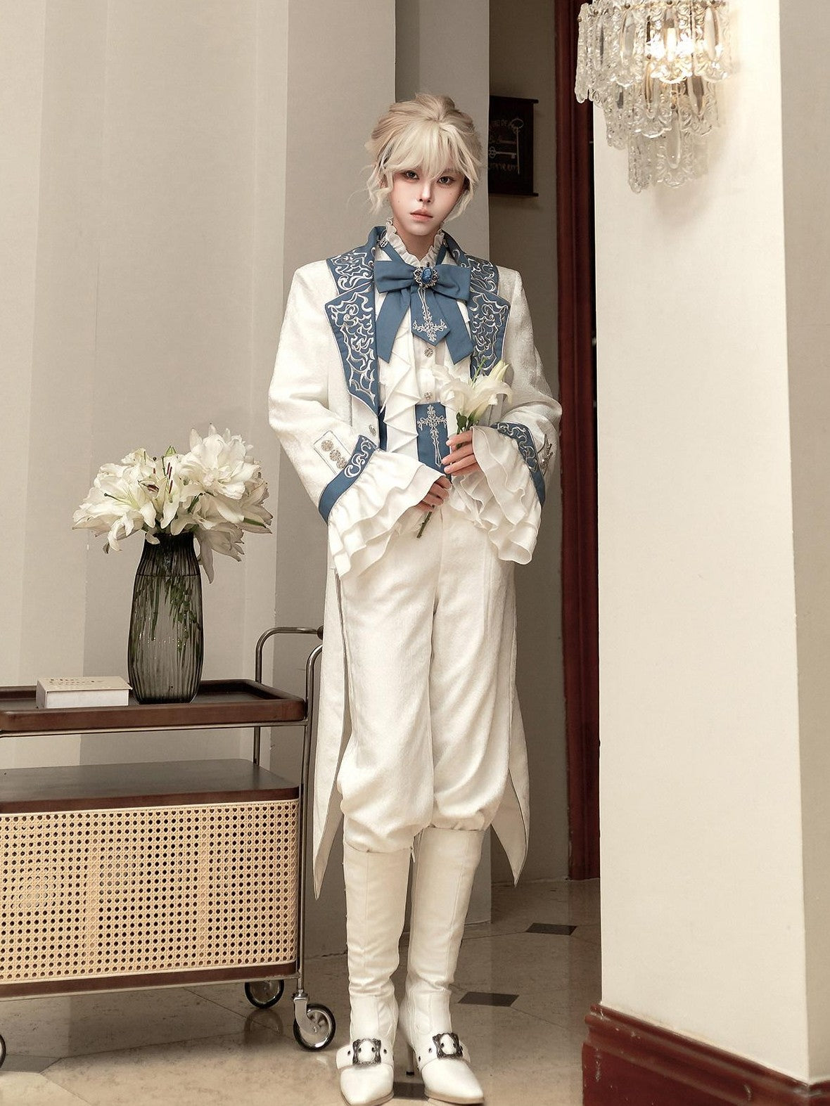 Jing Mu White Moonlit Knight Lolita Tailcoat Shirt Pants Women's Full Coordination Sets