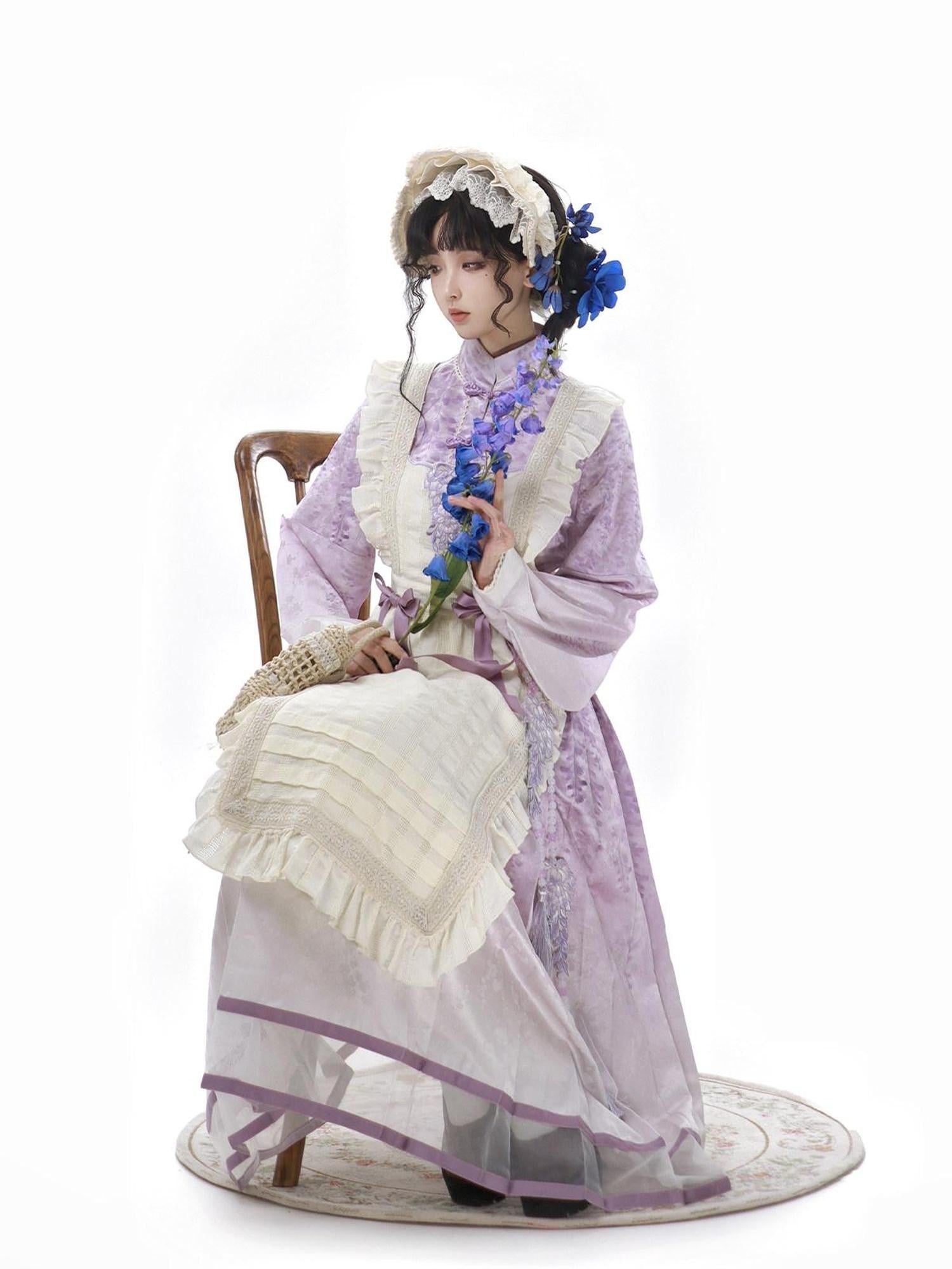 Jing Mu Wisteria Han Lolita Apron Set Stand Collar Aline Women's Long Sleeve Op