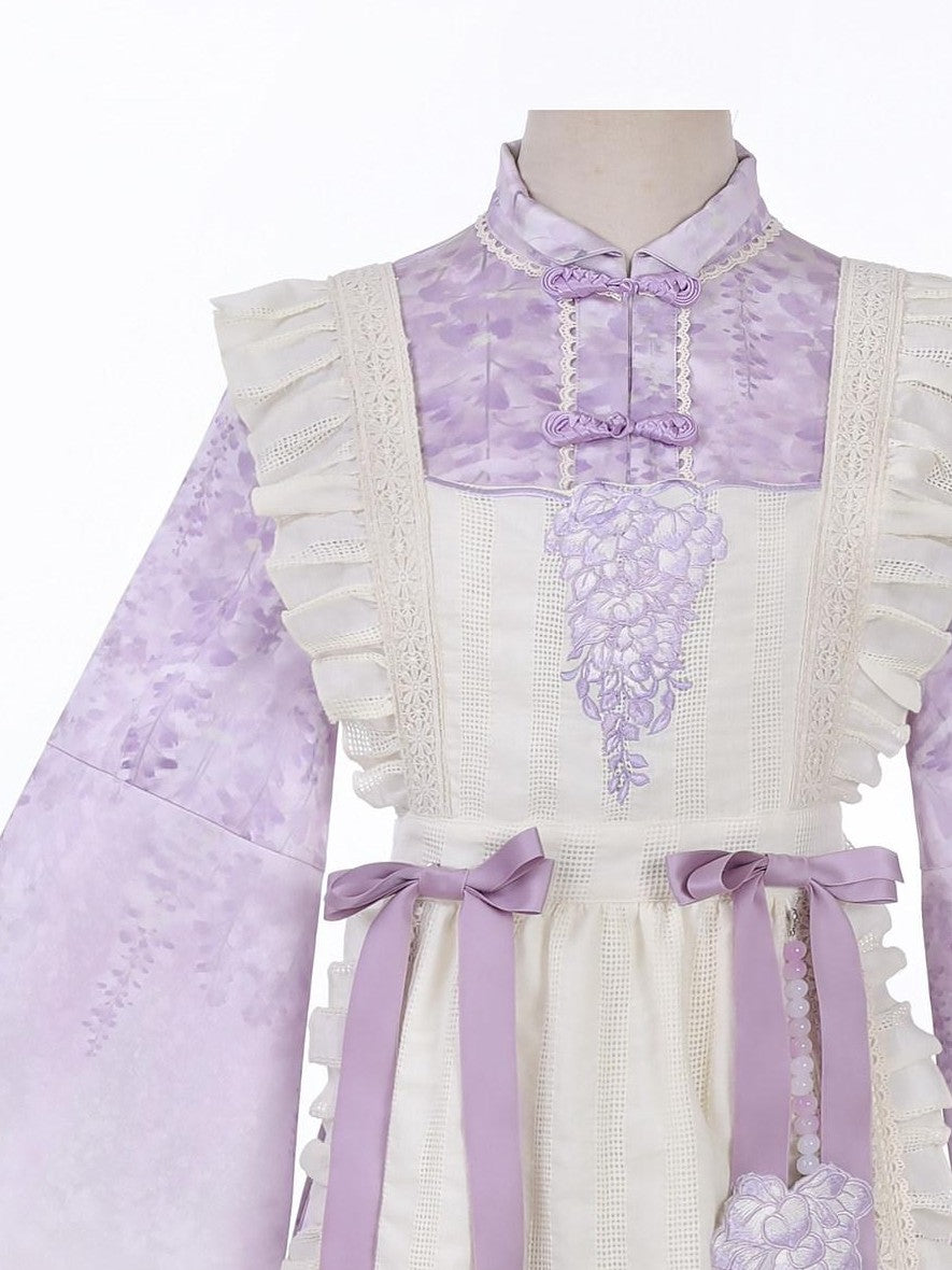 Jing Mu Wisteria Han Lolita Apron Set Stand Collar Aline Women's Long Sleeve Op