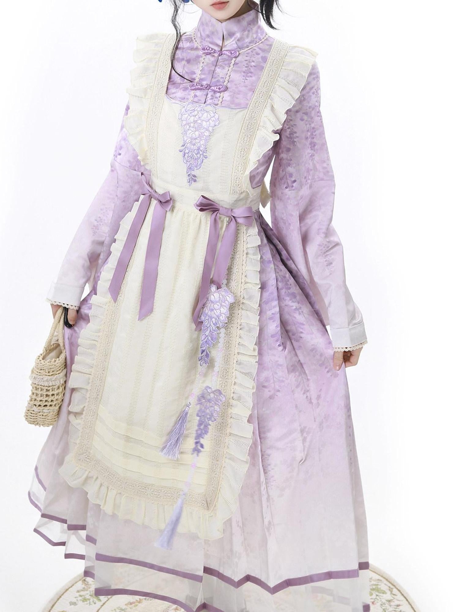 Jing Mu Wisteria Han Lolita Apron Set Stand Collar Aline Women's Long Sleeve Op