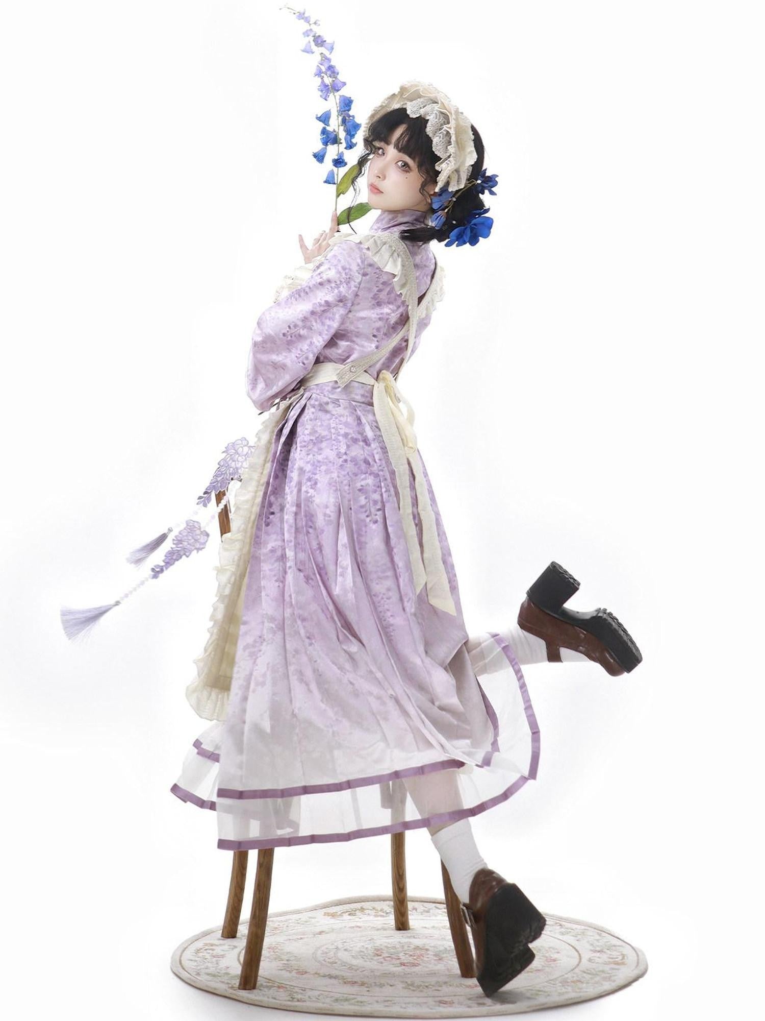 Jing Mu Wisteria Han Lolita Apron Set Stand Collar Aline Women's Long Sleeve Op