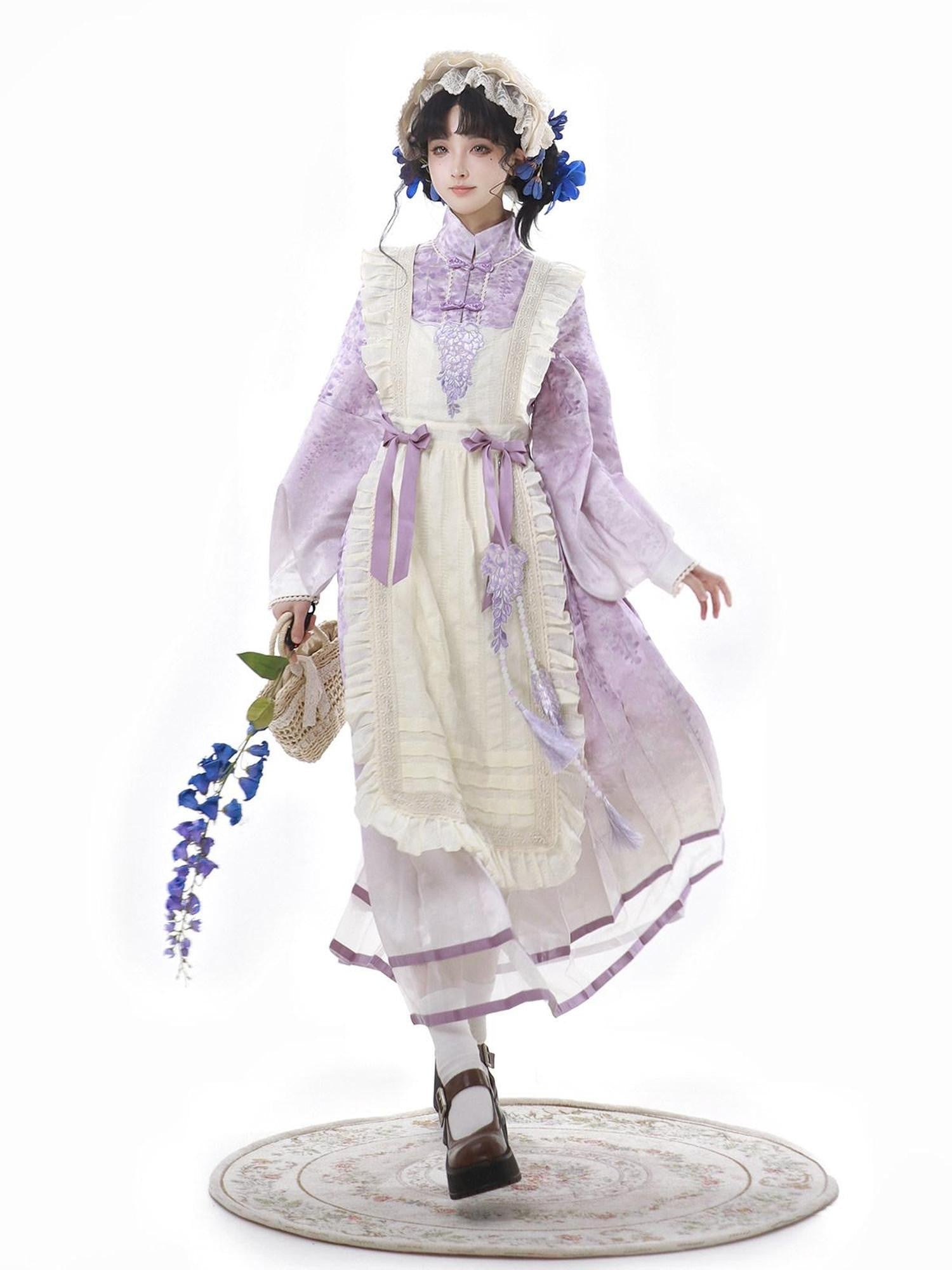 Jing Mu Wisteria Han Lolita Apron Set Stand Collar Aline Women's Long Sleeve Op