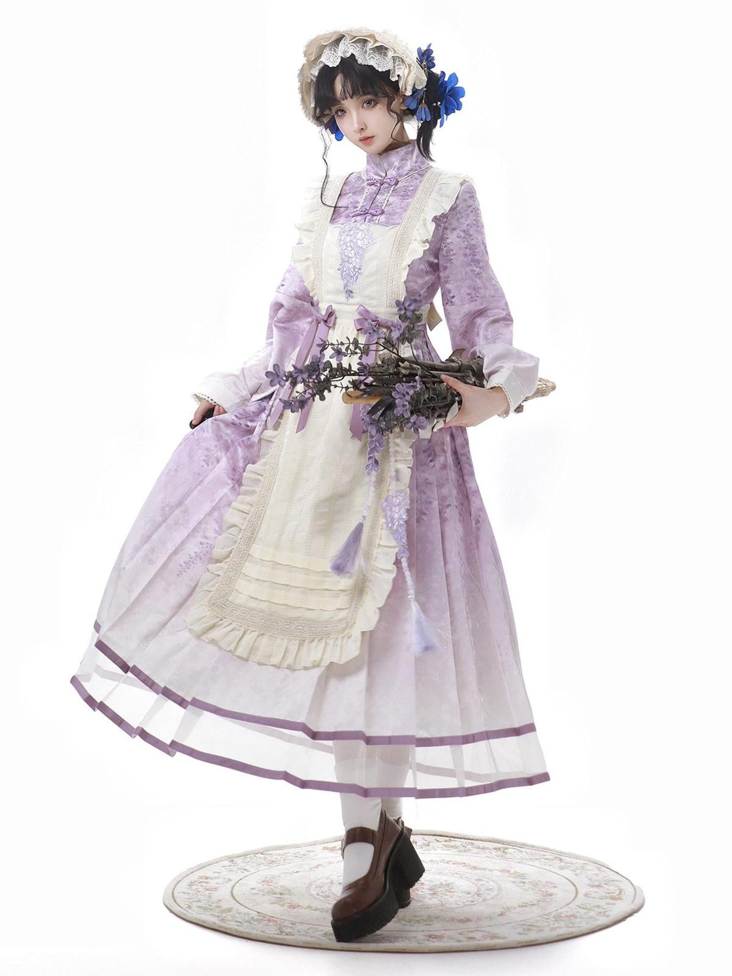 Jing Mu Wisteria Han Lolita Apron Set Stand Collar Aline Women's Long Sleeve Op