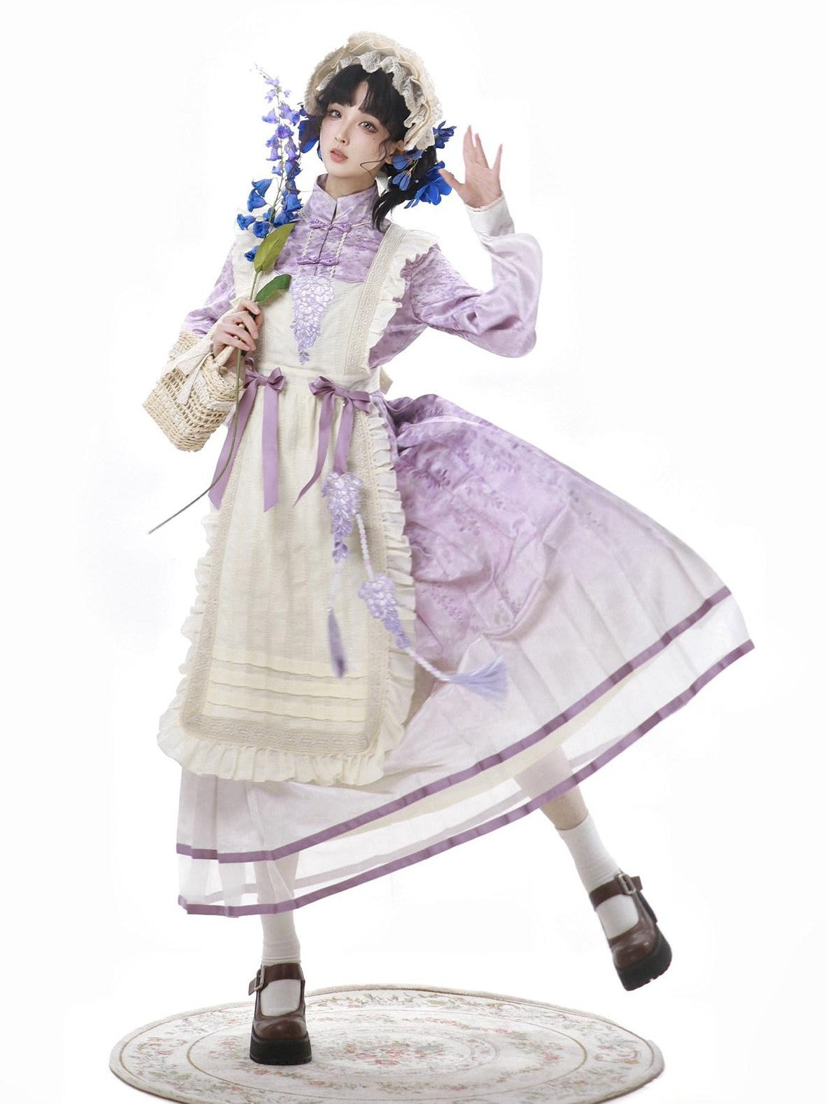 Jing Mu Wisteria Han Lolita Apron Set Stand Collar Aline Women's Long Sleeve Op