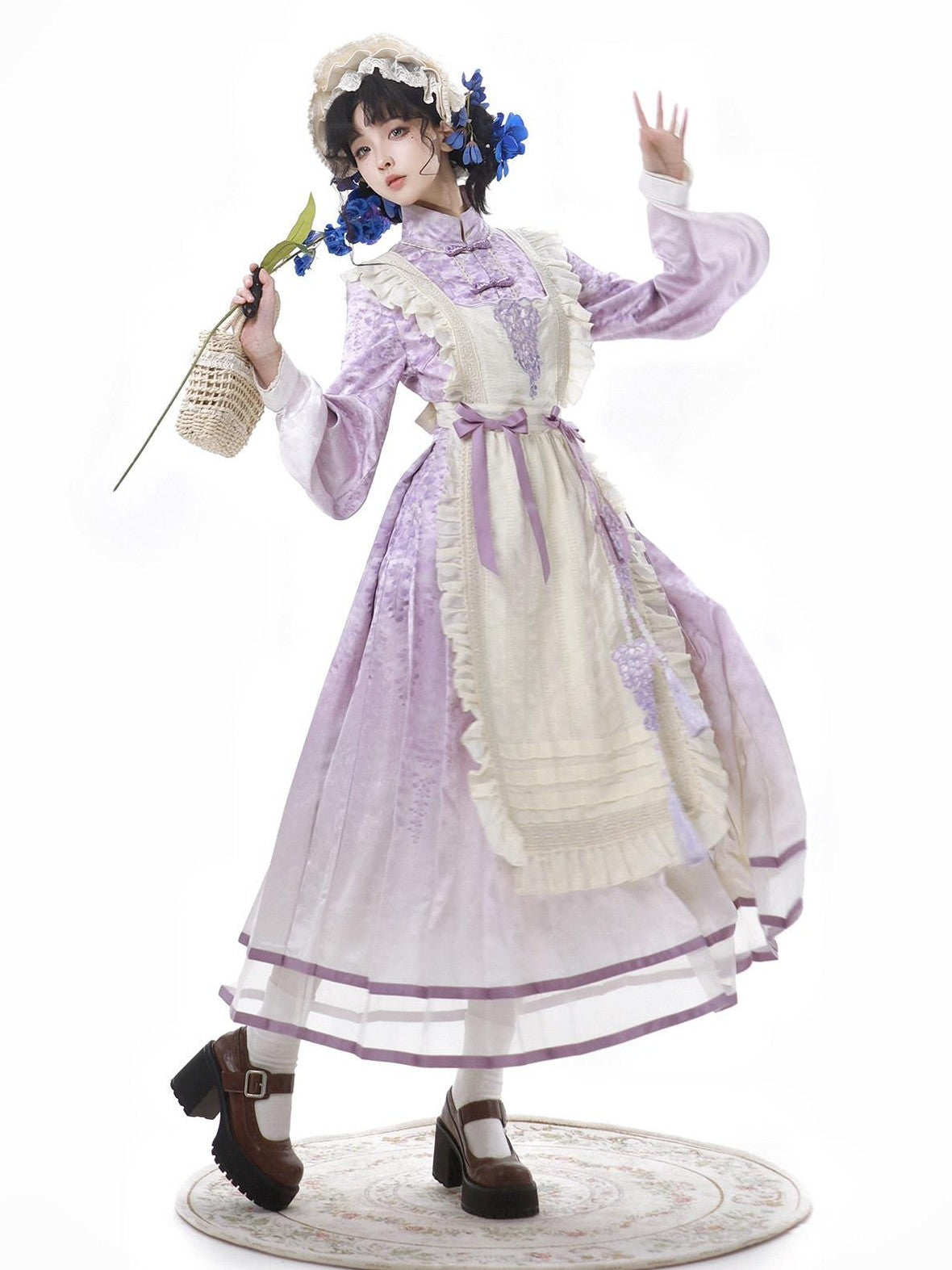 Jing Mu Wisteria Han Lolita Apron Set Stand Collar Aline Women's Long Sleeve Op