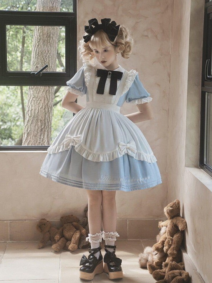 Letter from Unknown Stars Alice Wonderland Lolita Puff Sleeve Apron Women's Polyester Short Sleeve Op