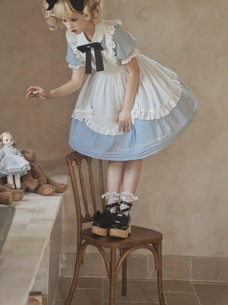 Letter from Unknown Stars Alice Wonderland Lolita Puff Sleeve Apron Women's Polyester Short Sleeve Op