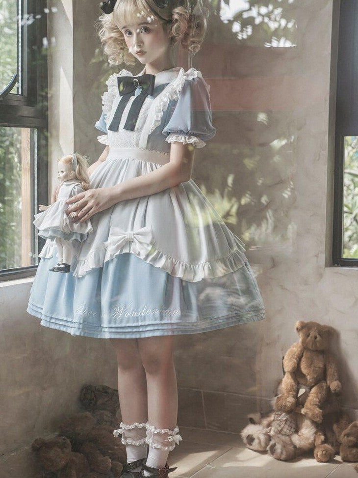 Letter from Unknown Stars Alice Wonderland Lolita Puff Sleeve Apron Women's Polyester Short Sleeve Op