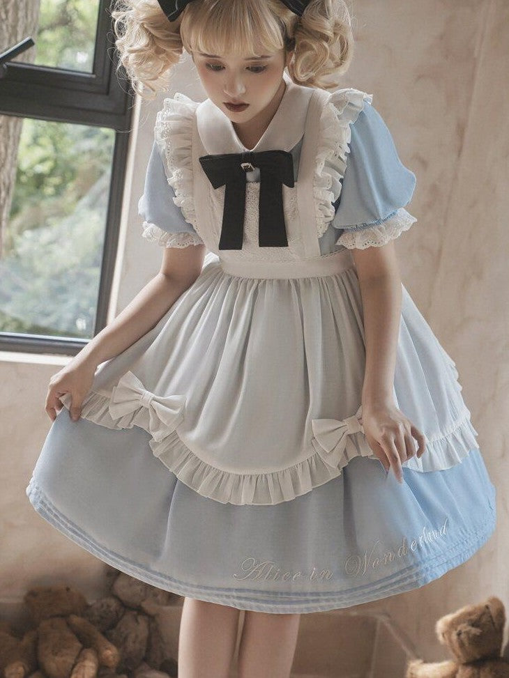 Letter from Unknown Stars Alice Wonderland Lolita Puff Sleeve Apron Women's Polyester Short Sleeve Op
