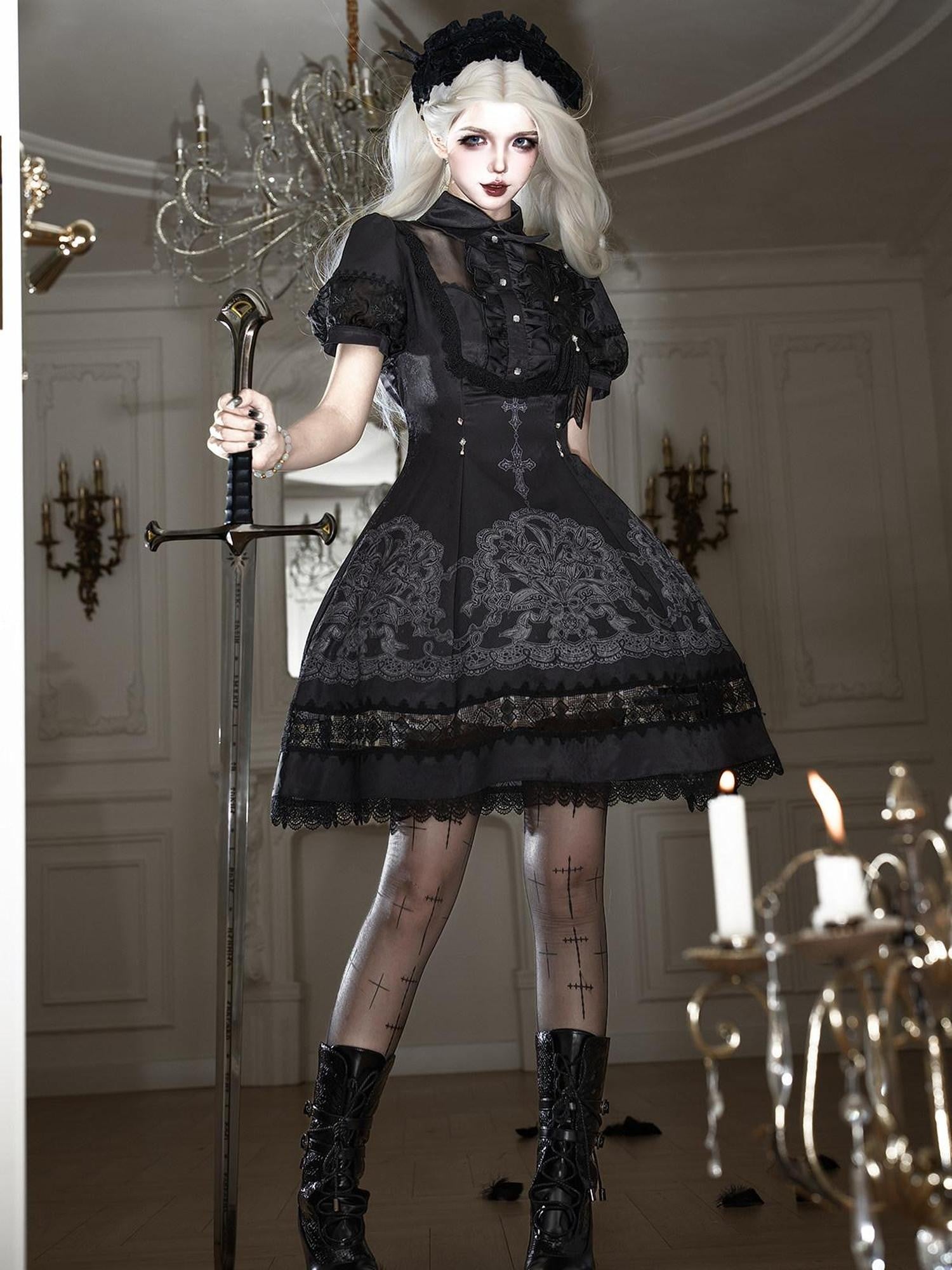 Letter from Unknown Stars Black Lace Lily Embroidered Classic Lolita Women's Short Sleeve Op