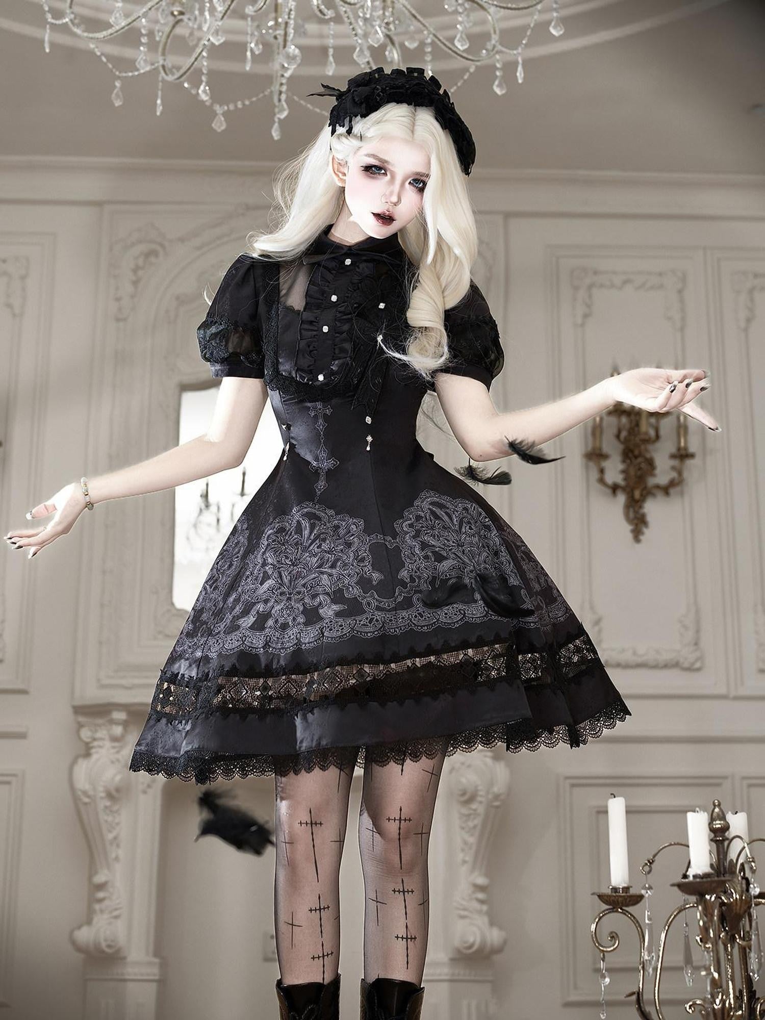Letter from Unknown Stars Black Lace Lily Embroidered Classic Lolita Women's Short Sleeve Op