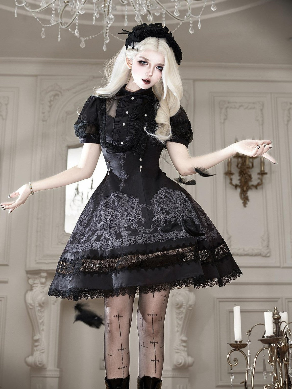 Letter from Unknown Stars Black Lace Lily Embroidered Classic Lolita Women's Short Sleeve Op