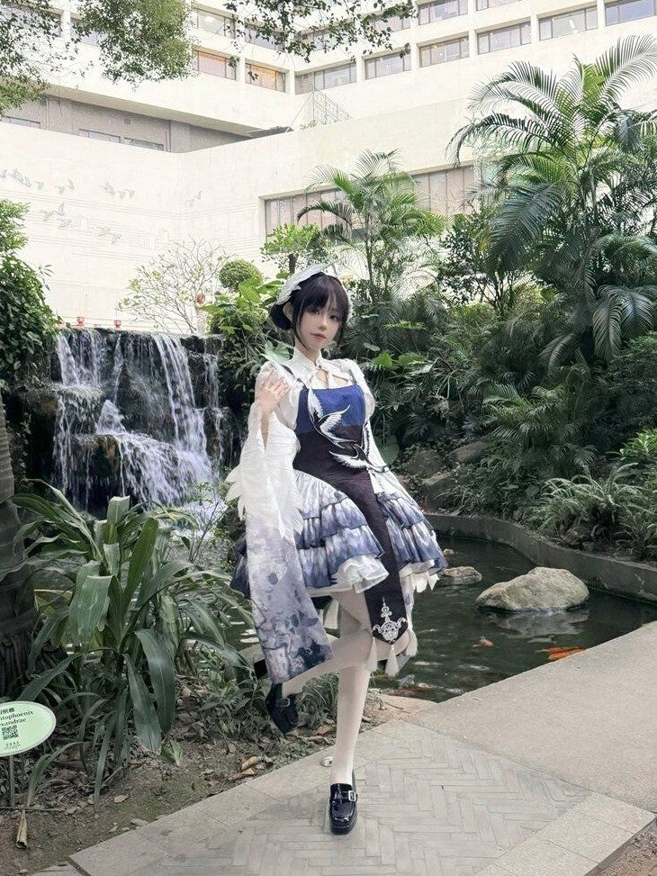 Letter from Unknown Stars Blue Feather Sparrow Chinese Lolita Two Piece Women's Jsk / Jumper Skirts