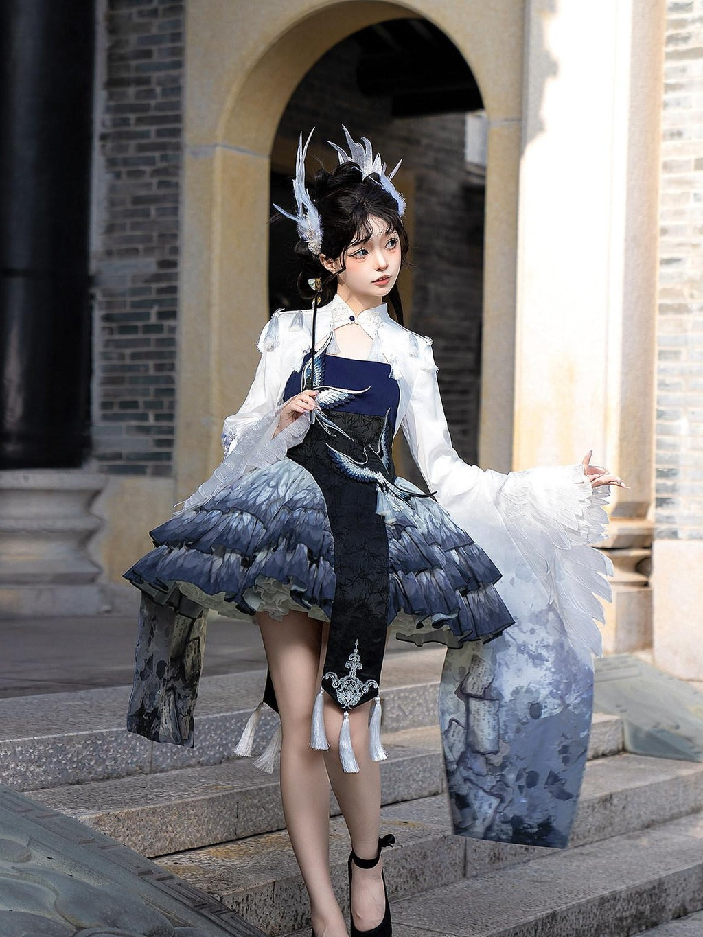 Letter from Unknown Stars Blue Feather Sparrow Chinese Lolita Two Piece Women's Jsk / Jumper Skirts