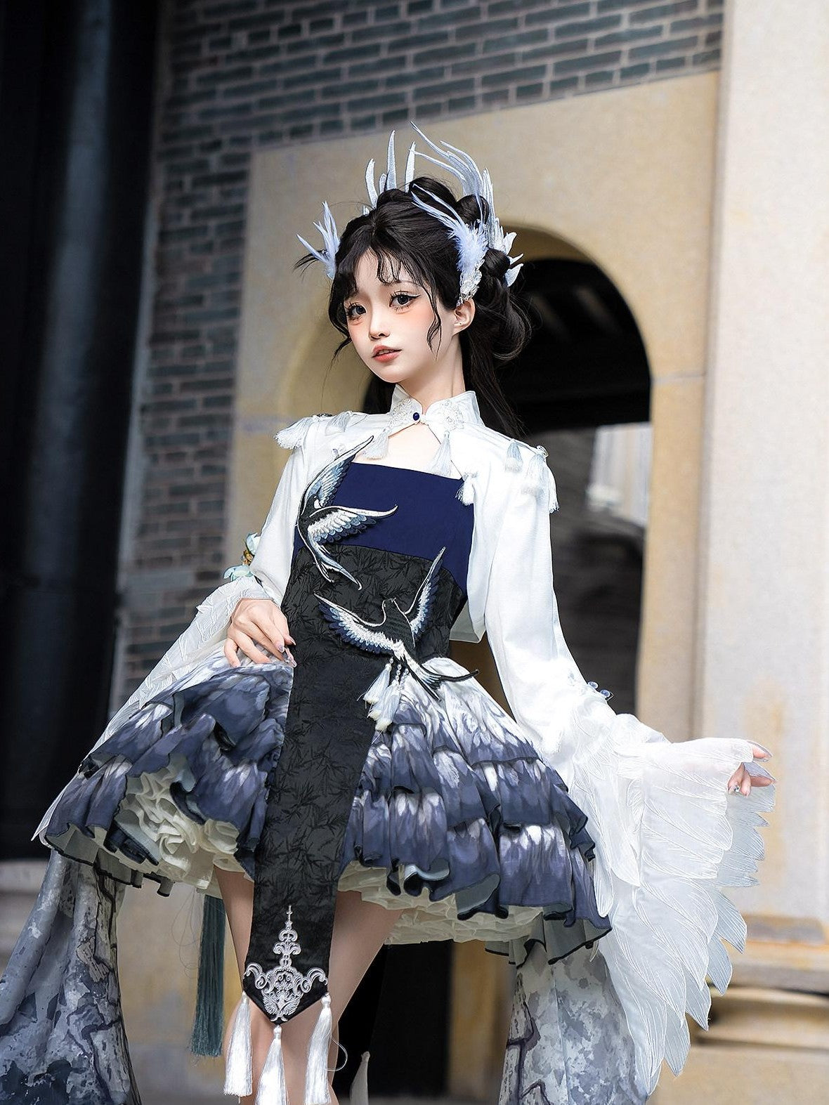 Letter from Unknown Stars Blue Feather Sparrow Chinese Lolita Two Piece Women's Jsk / Jumper Skirts
