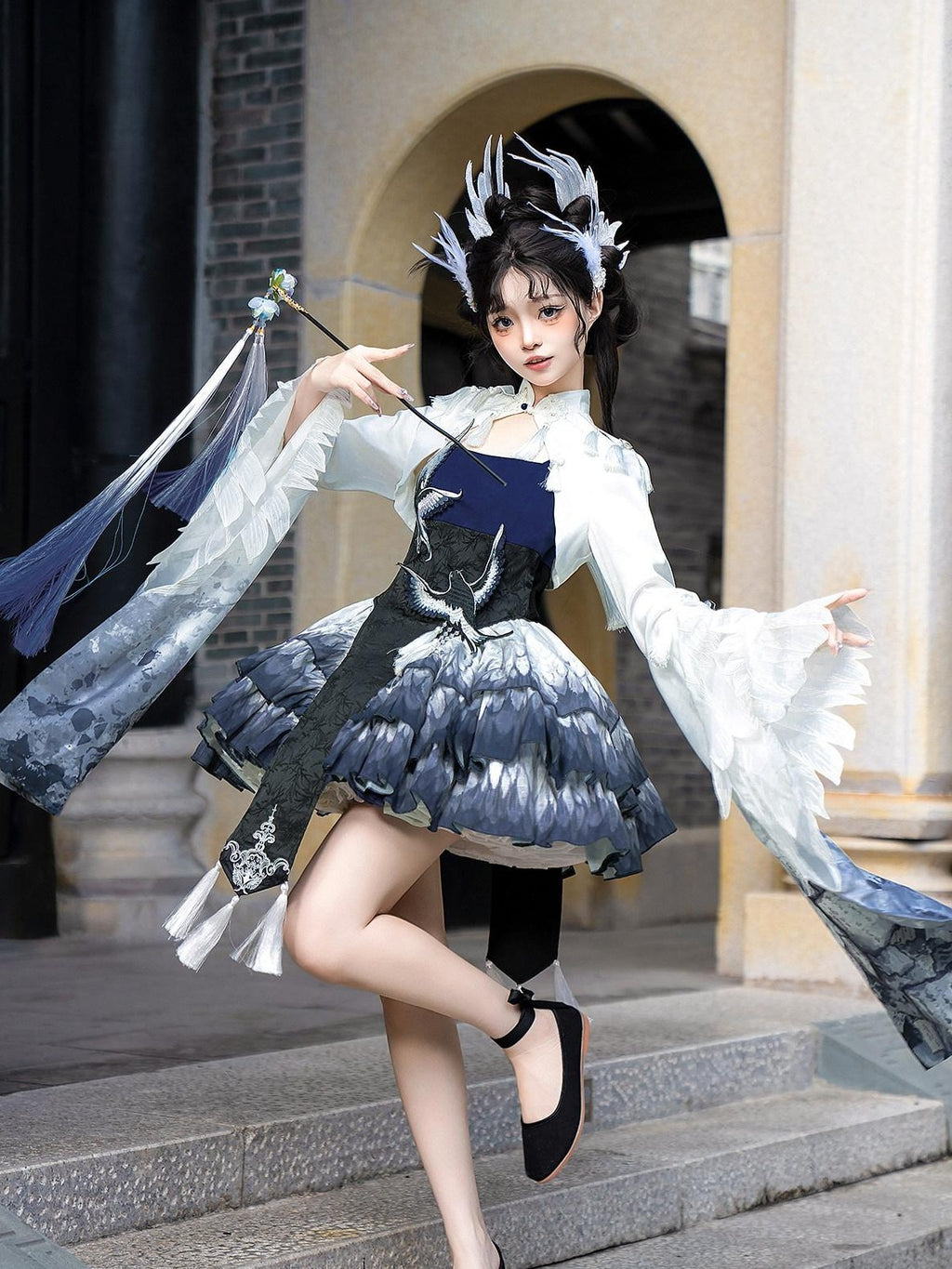 Letter from Unknown Stars Blue Feather Sparrow Chinese Lolita Two Piece Women's Jsk / Jumper Skirts