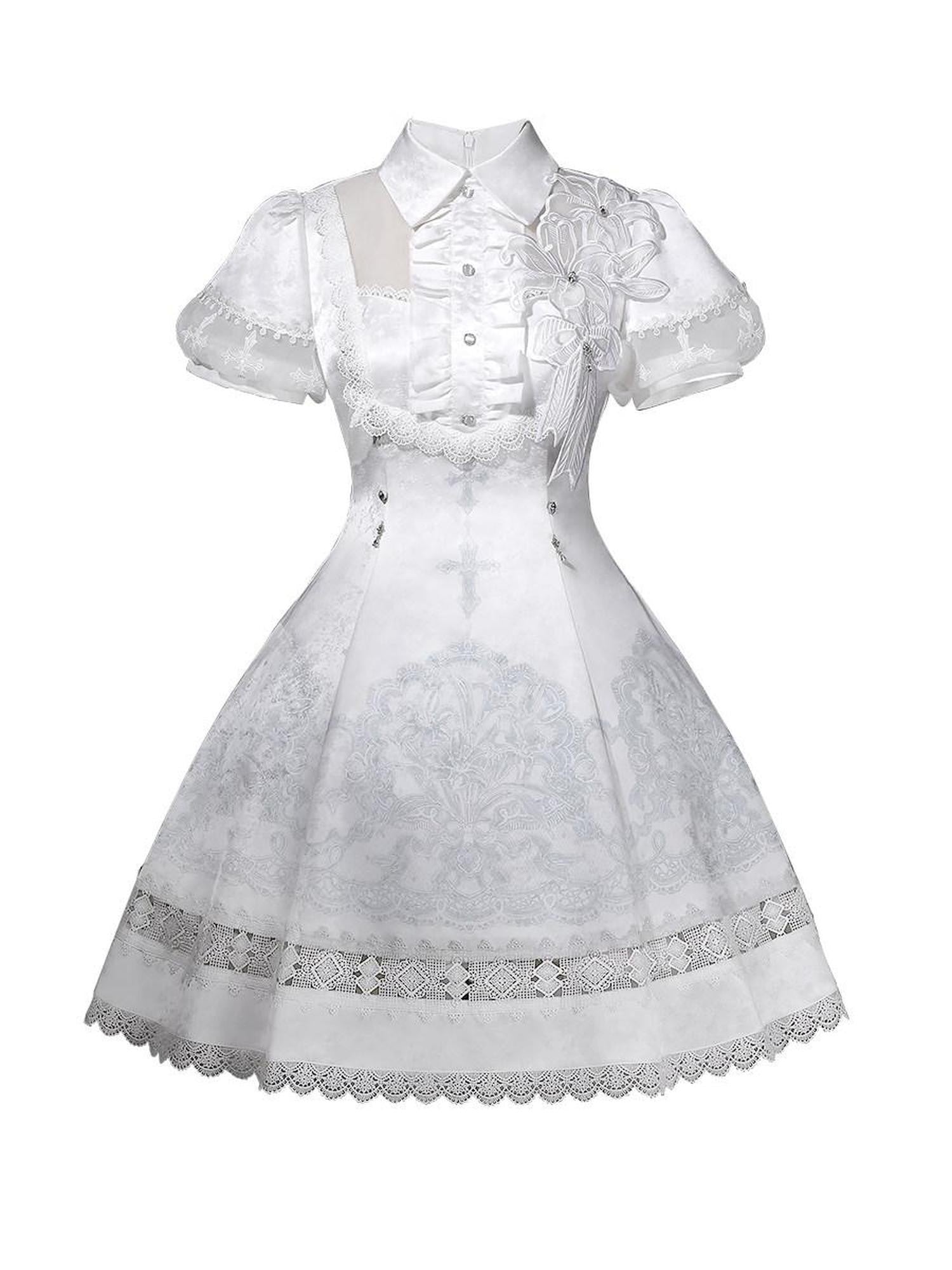 Letter from Unknown Stars Classical Elegant Lace Lily Embroidered Lolita Women's Lace Short Sleeve Op