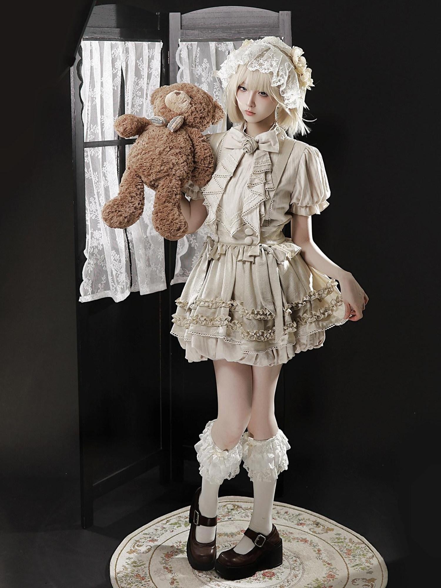 Letter from Unknown Stars Flower Bud Cottagecore Antique Doll Lolita Women's Pinafore Skirt Sets