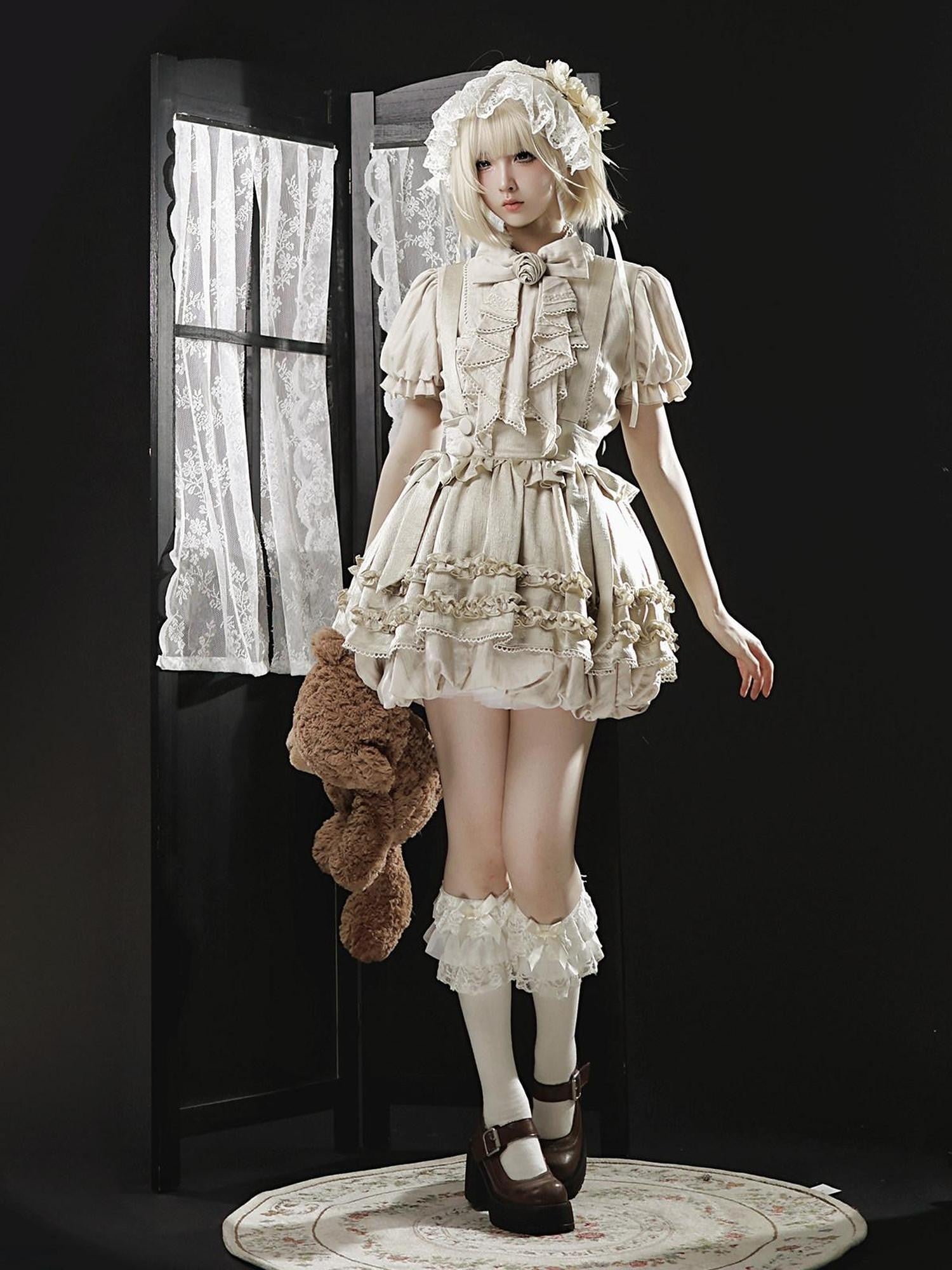Letter from Unknown Stars Flower Bud Cottagecore Antique Doll Lolita Women's Pinafore Skirt Sets