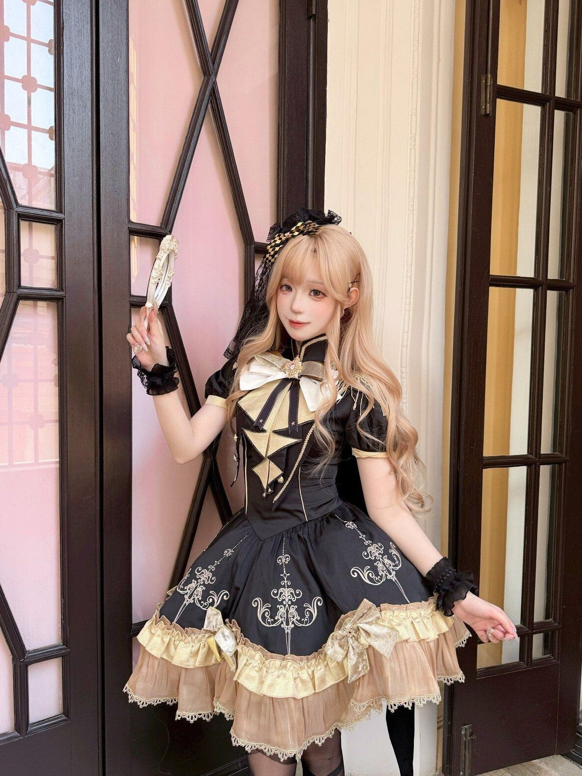 Letter from Unknown Stars Gilded Vow Gold Foil Print Gothic Lolita Women's Short Sleeve Op